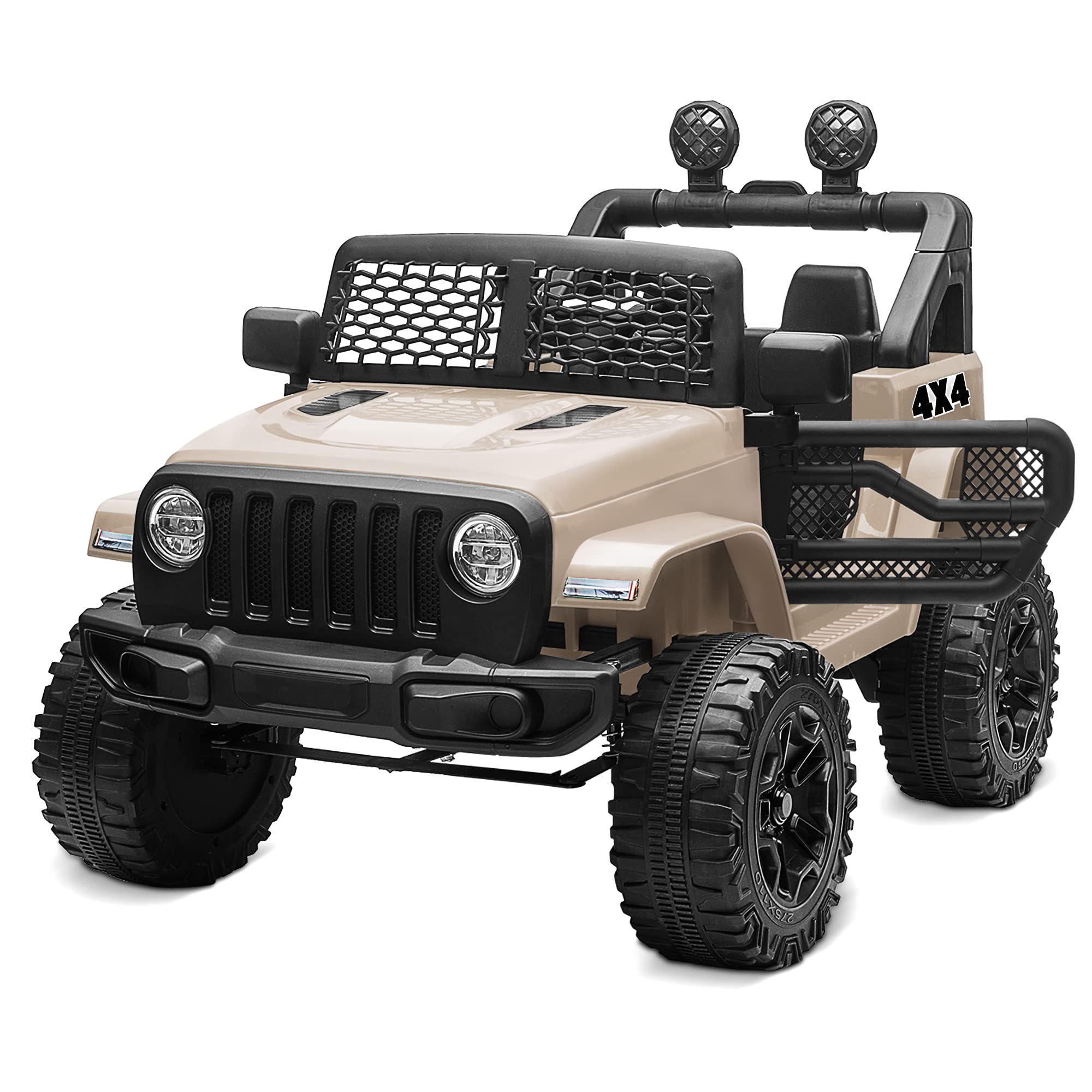 Kidzone 12V Battery Powered Ride On Truck for Kids - Electric Toy Car with DIY License Plate, 4 Wheeler Quad, Parent Remote Control, MP3 Player, High & Low Speeds & LED Lights - Sand Color - Perfect for Birthday Gifts & Outdoor Play