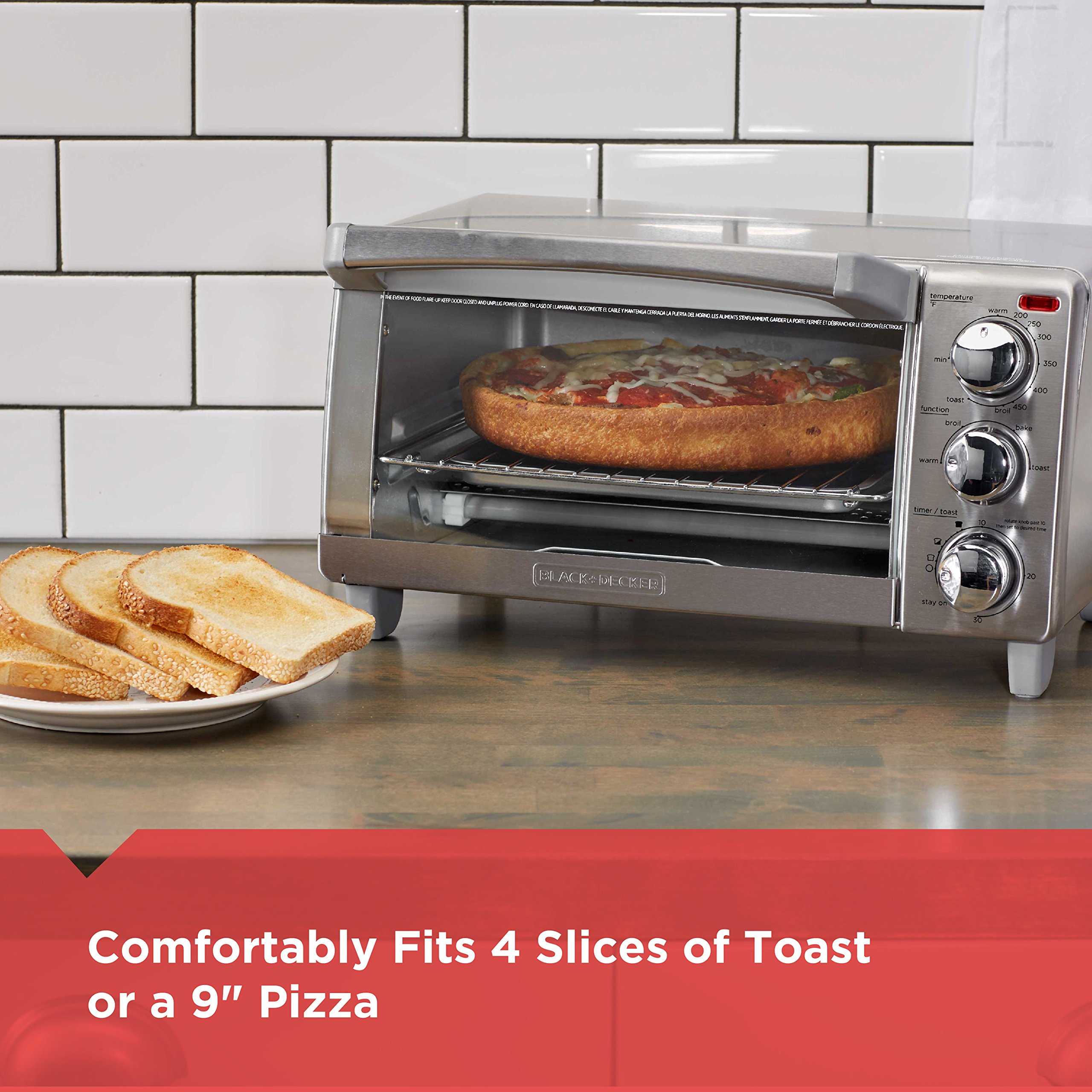 BLACK+DECKER 4-Slice Toaster Oven with Even Toast Technology - Bake, Broil, Toast & Keep Warm Functions - Removable Crumb Tray & Timer - Perfect for Breakfast, Snacks & Small Meals (Model TO1745SSG-1A)