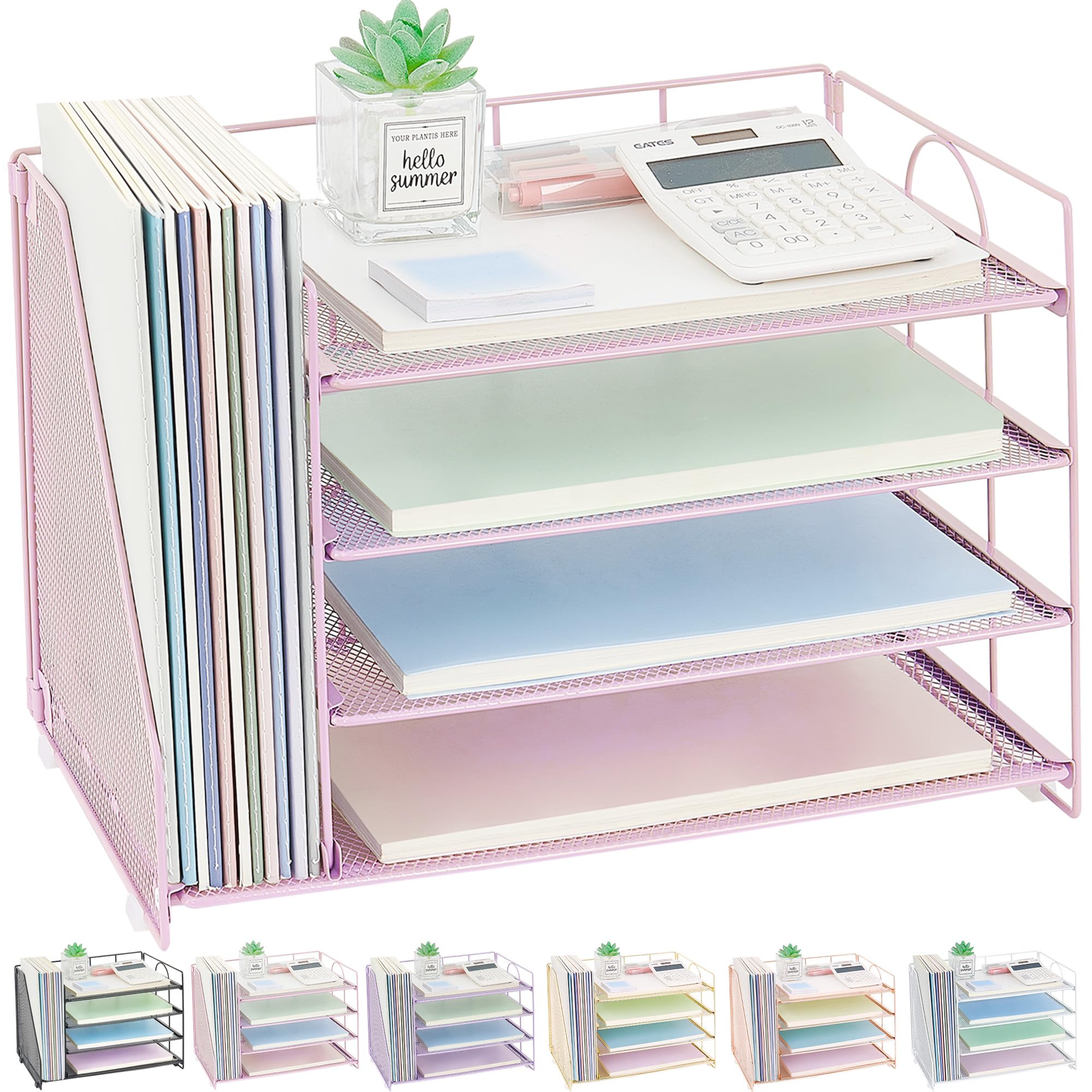 OPNCIE 4-Tier Paper Letter Tray File Organizer - Pink Office Desk Organizer for Documents, Mail & Supplies | Perfect for Classroom, Home Office & Workspace Organization