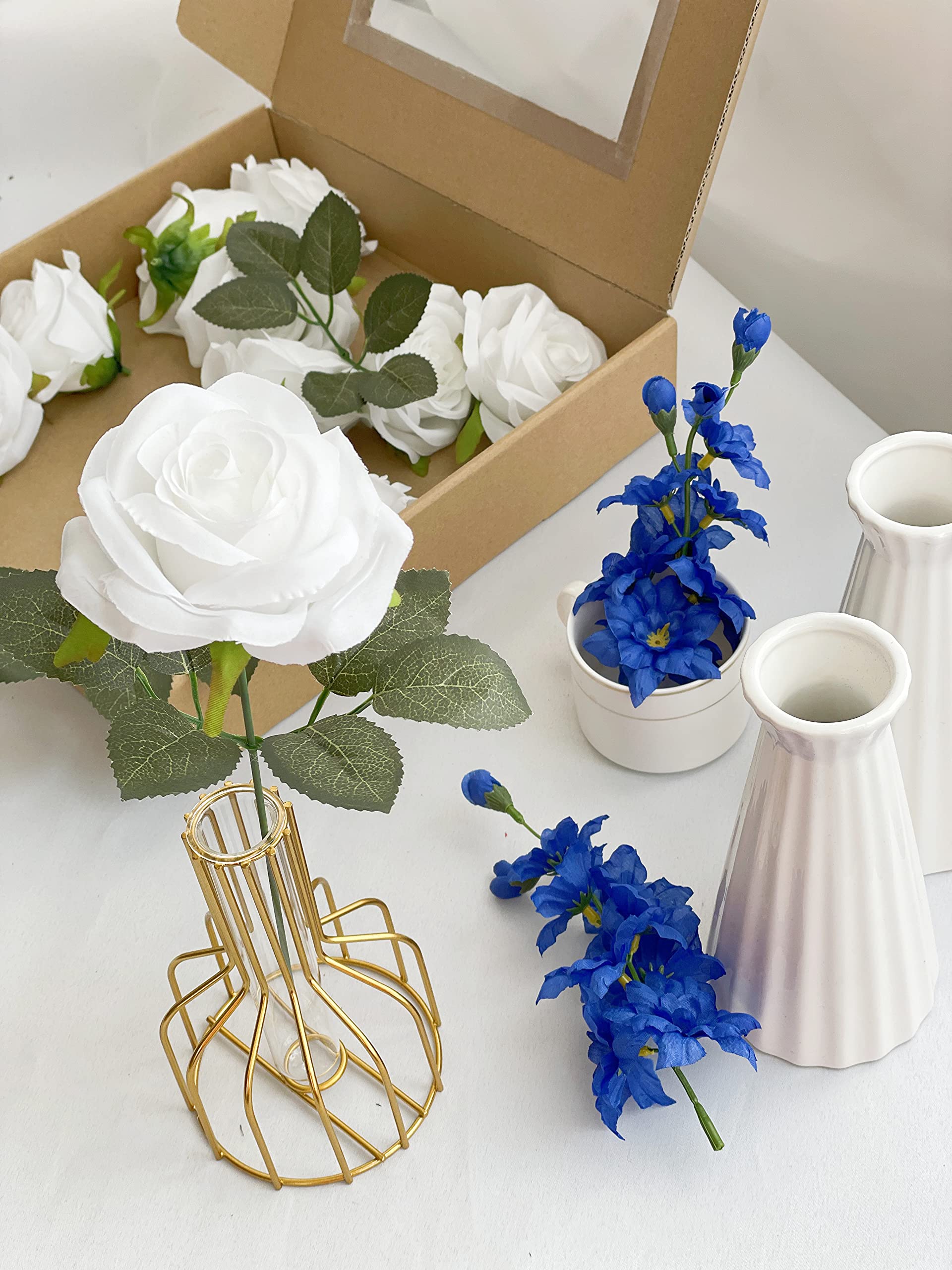 25PCS Real Touch Silk Rose Artificial Flowers with Stem - White Faux Roses in Gift Box for Wedding, Party, Floral Arrangements & Table Decorations | Perfect for Centerpieces, Bridal Bouquets, Home Decor and Event Styling