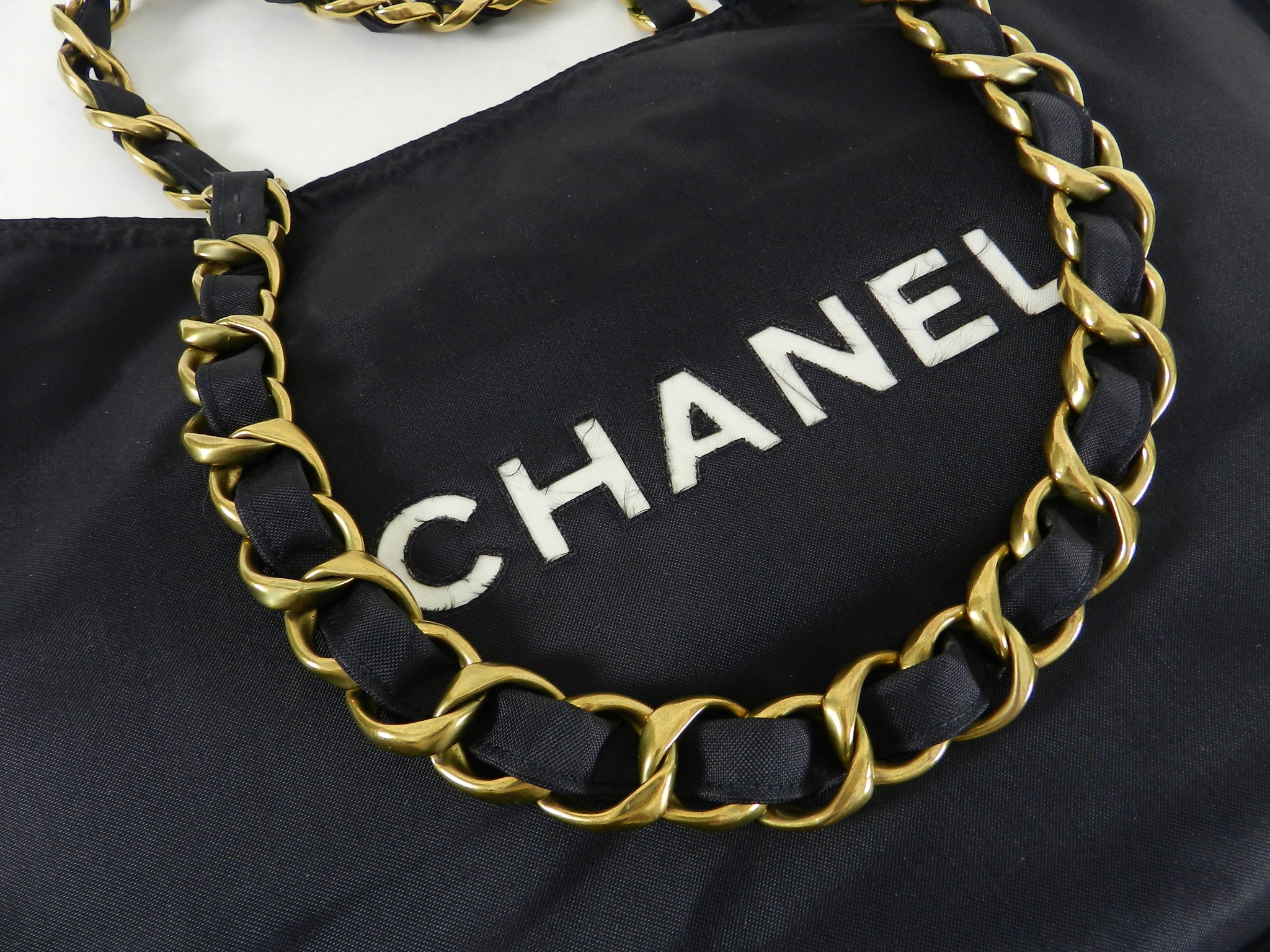 Vintage Chanel 1991 Black Nylon CC Logo Tote Bag with Gold Chain Straps - Luxury Designer Handbag for Women, Perfect for Evening Parties & Fashion Events