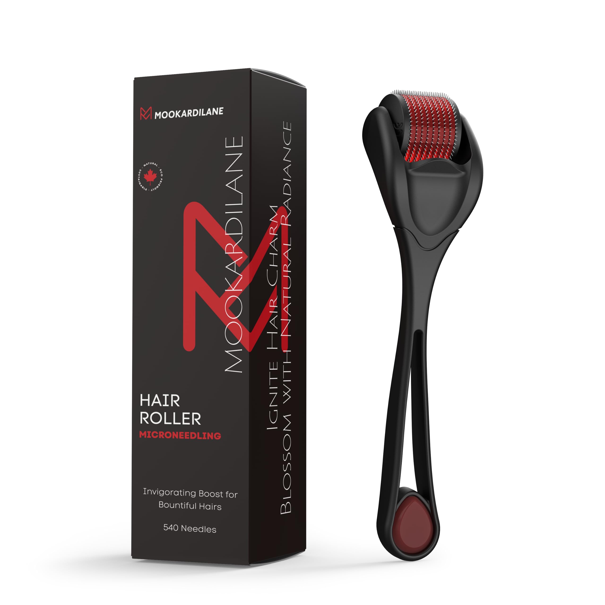 MOOKARDILANE 540 Stainless Steel Microneedle Scalp Hair Roller - Black with Red for Hair Growth & Scalp Care - At-Home Hair Treatment for Thicker, Healthier Hair