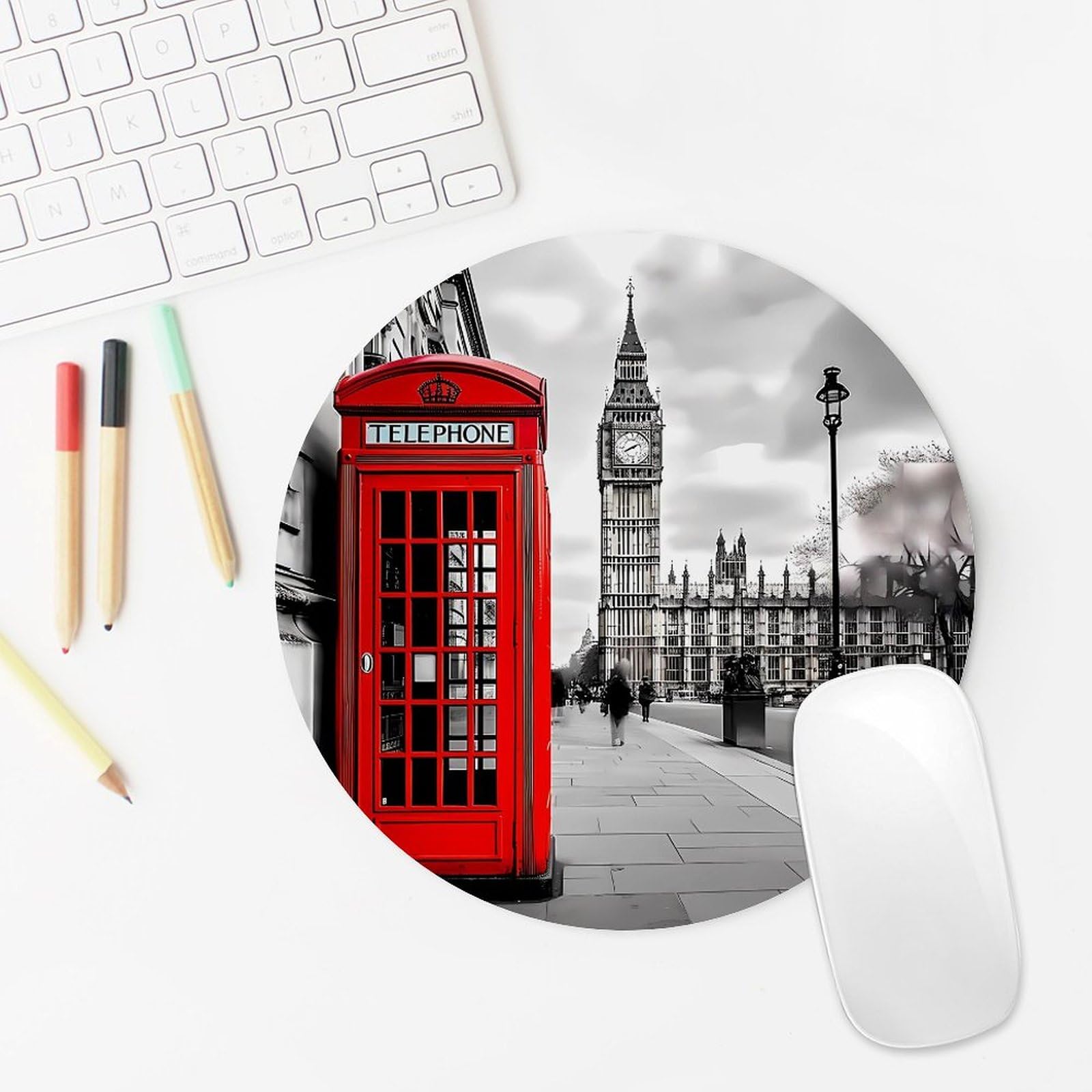 London Telephone Booth & Big Ben Themed Round Mouse Pad - Non-Slip Rubber Base for Office, Home, Gaming - Perfect for UK Enthusiasts & Desktop Decor