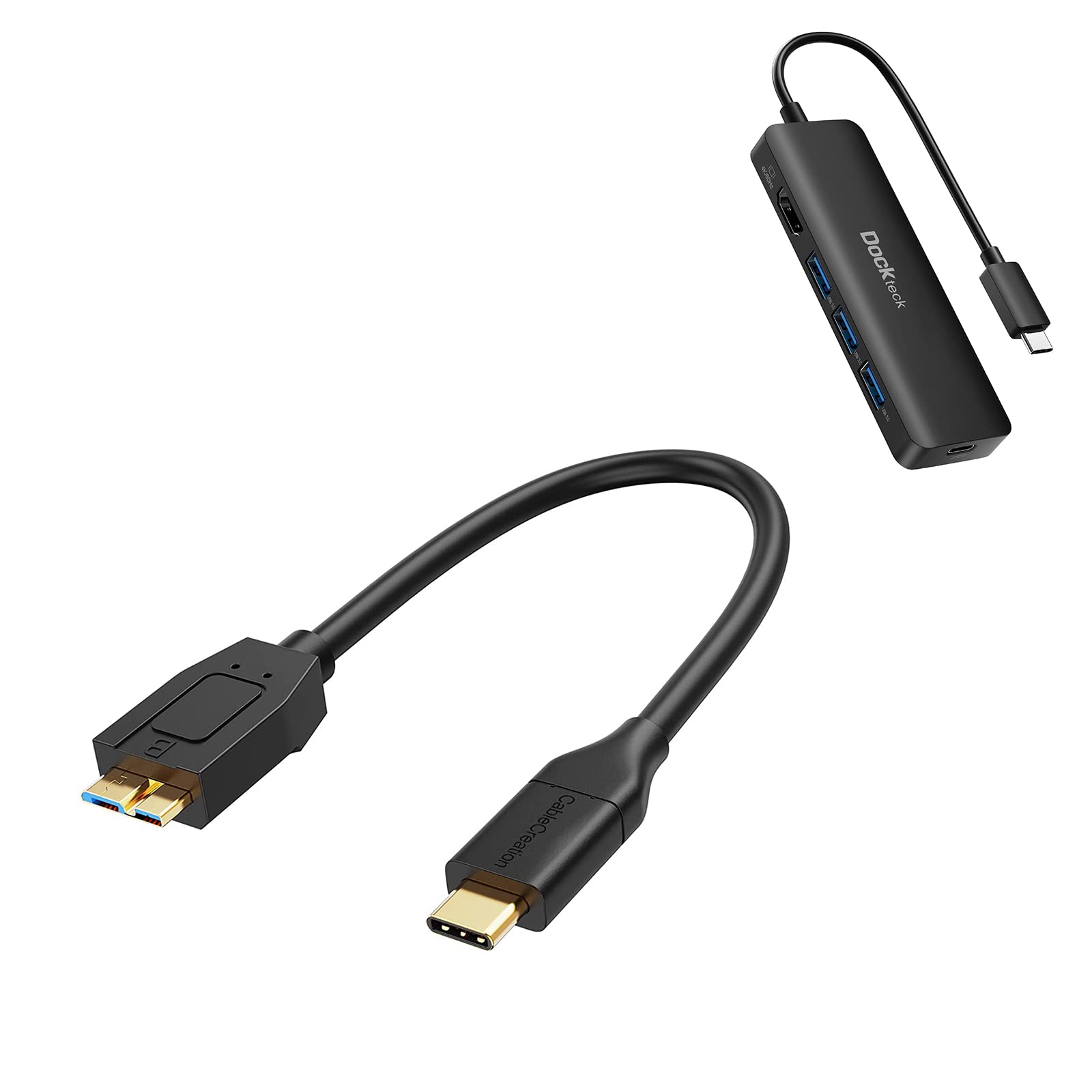 Dockteck 5-in-1 USB C Hub with 4K HDMI, 100W PD, 3 USB 3.0 Ports & CableCreation 1FT USB C to Micro B 10Gbps Cable - Perfect for MacBook Pro/Air, Dell XPS, Galaxy S22 Ultra & External Hard Drive Connectivity