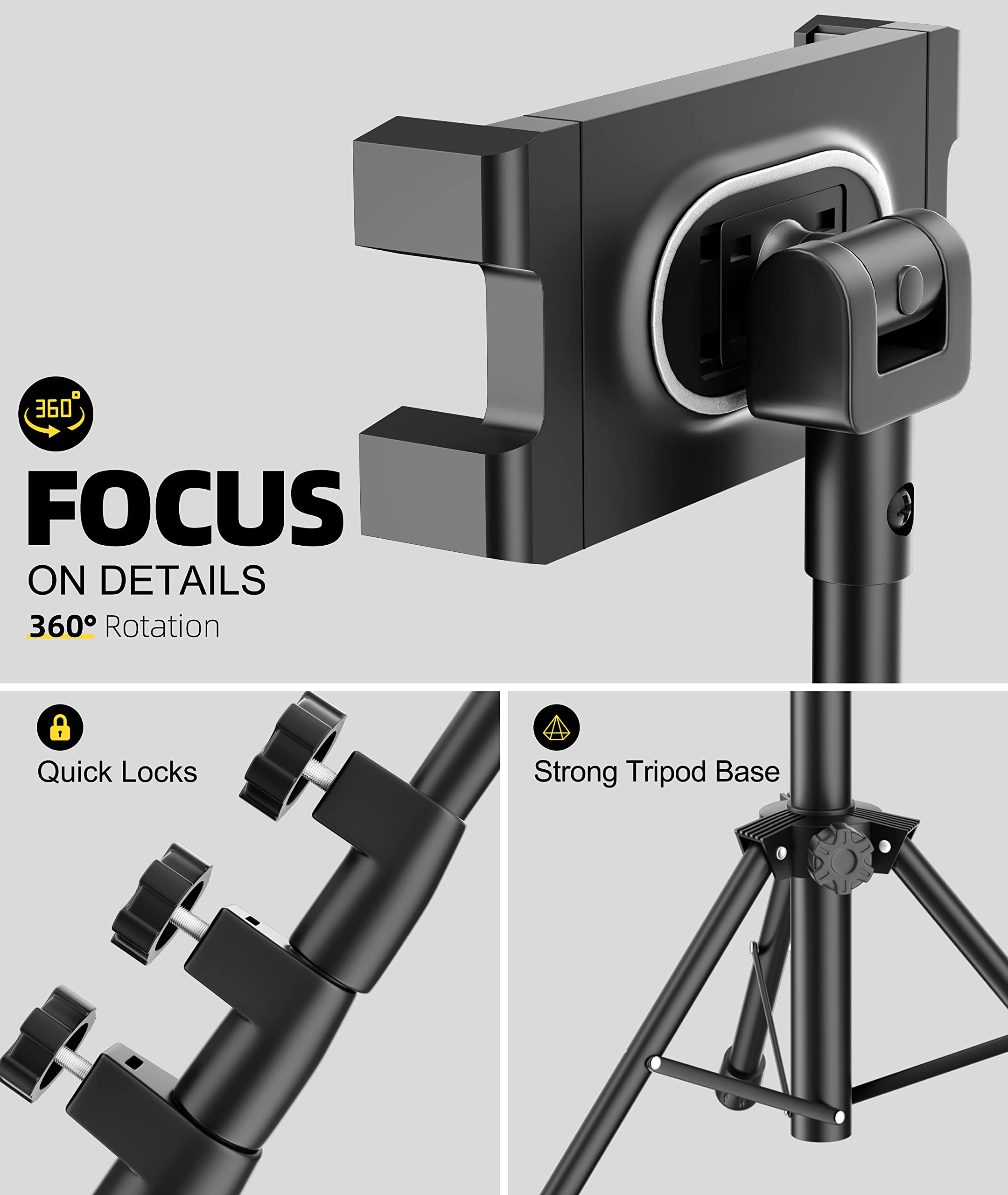 Adjustable iPad Tripod Stand with 2 Holders - Compatible with iPad Pro 12.9/11/10.5/9.7, iPad Air, iPad Mini 6/5/4/3/2, Samsung Tab, Nintendo Switch & All 4-13 Inch Tablets & Phones - Perfect for Home Office, Video Calls, Streaming & Photography