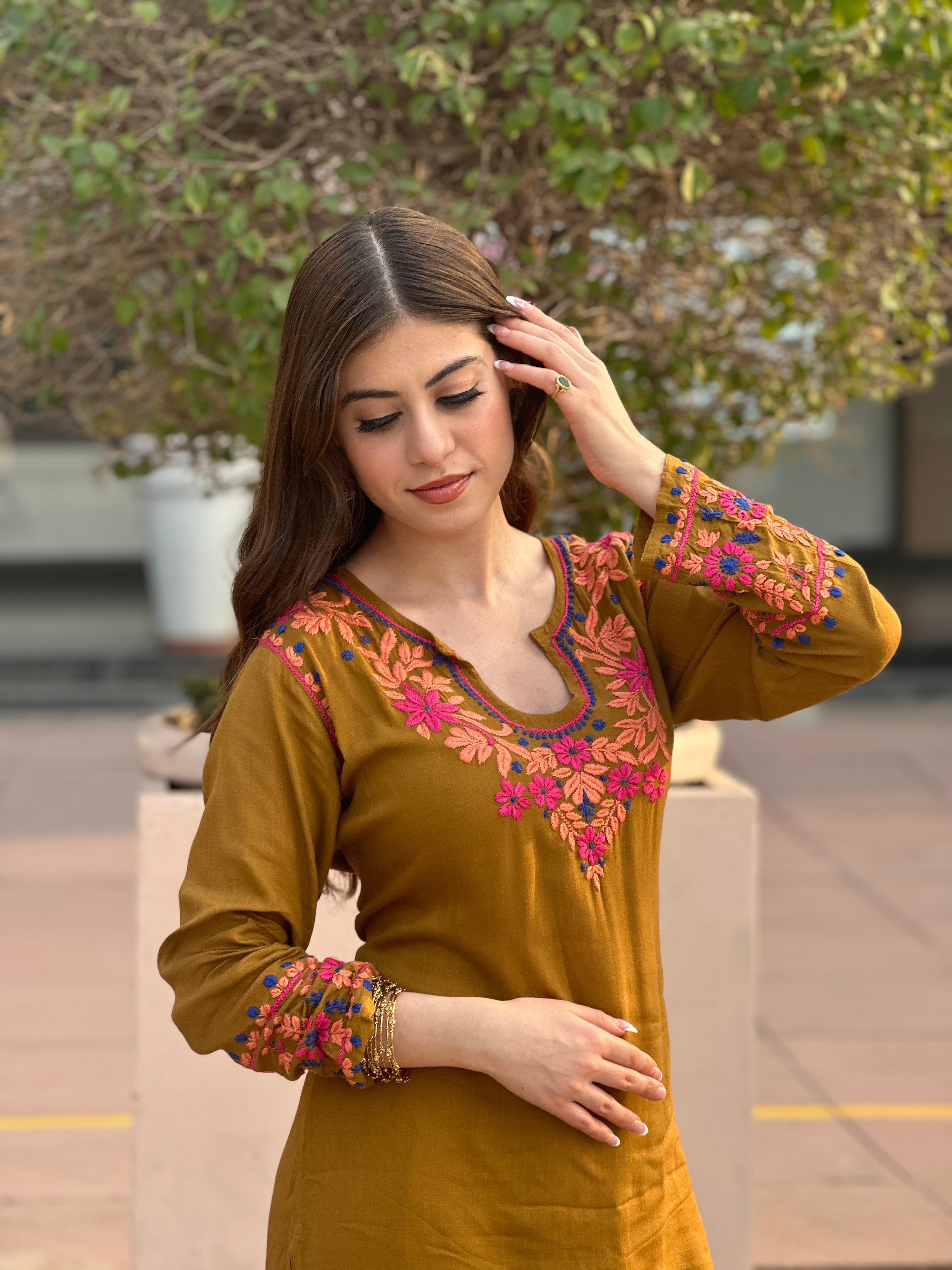Fizaa's Chikankari Cotton Silk Kurta Set for Women - Mustard Color | Elegant Indian Ethnic Wear | Perfect for Festivals, Weddings & Special Occasions