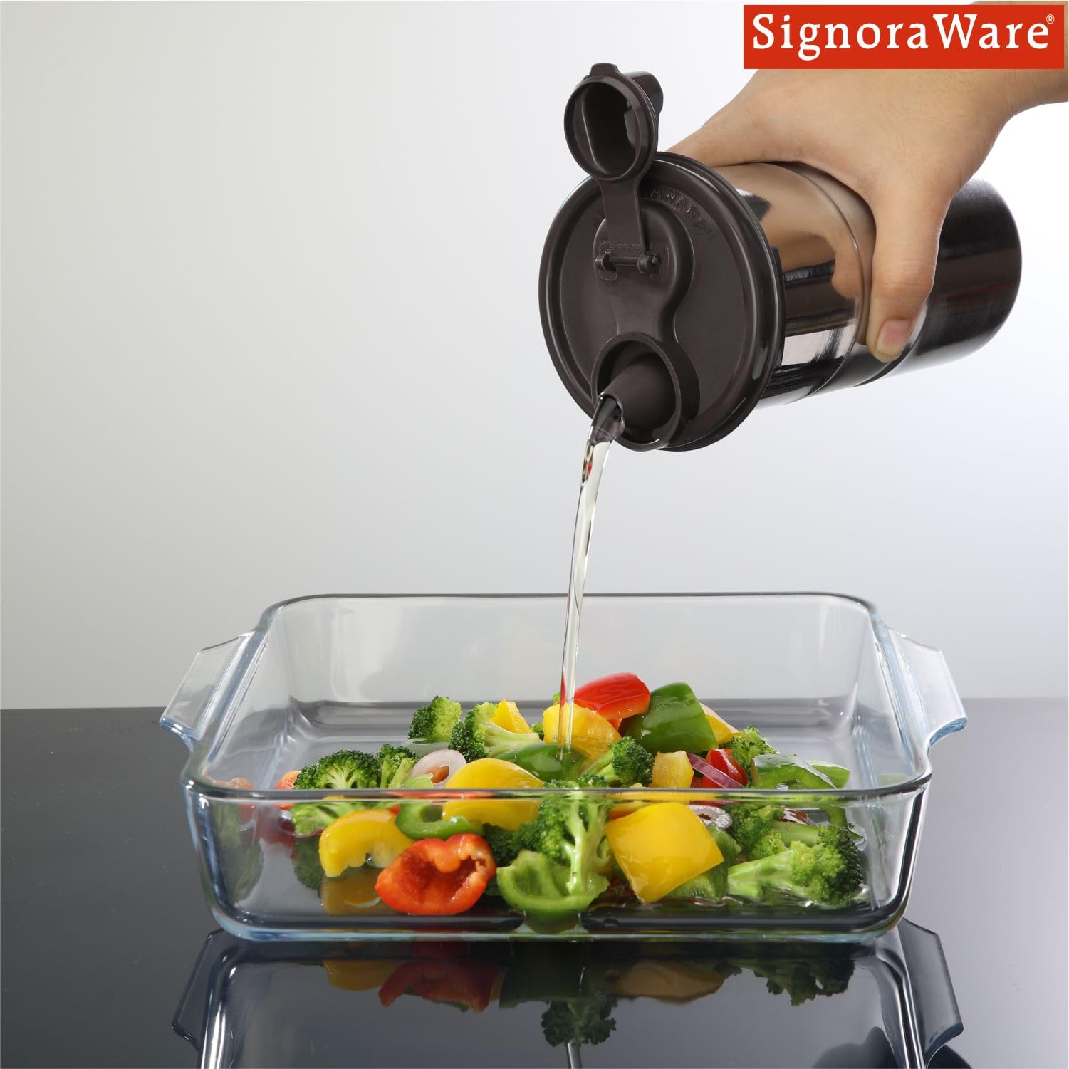 SIGNORA WARE 1.1L Stainless Steel Oil Dispenser Bottle with Lid - Leak Proof, Food Grade, 1100ml - Perfect for Kitchen, Salad Dressing, Olive Oil & Vinegar Pouring (Black, 1 Pack)
