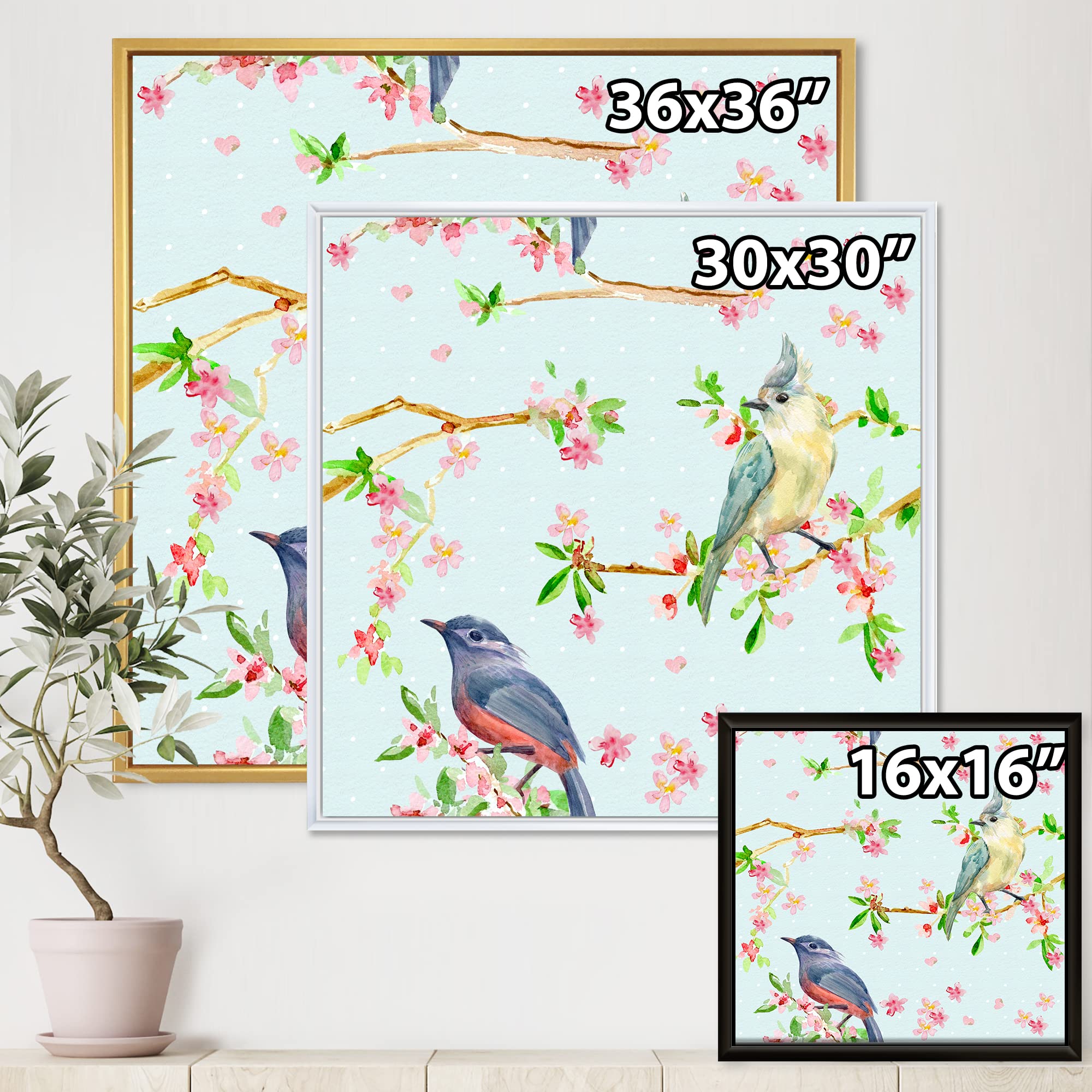 Blue Flowers and Birds Traditional Framed Canvas Wall Art Print - Elegant Home Decor for Living Room, Bedroom & Office