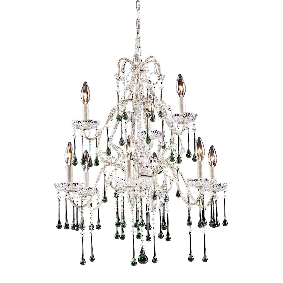 Opulence 9-Light Chandelier in Antique White with Lime Crystals - Elegant Crystal Ceiling Light Fixture for Dining Room, Living Room & Bedroom Decor