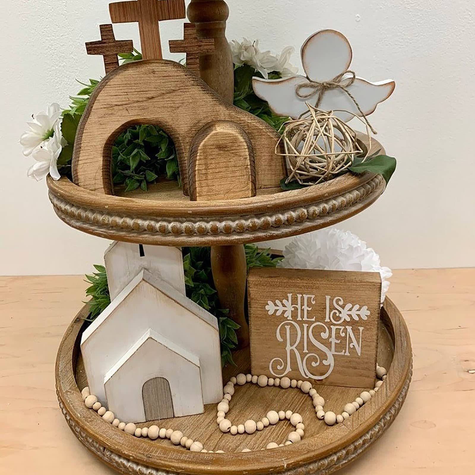 Risen Tiered Tray Set - Wooden Easter Jesus Tomb Decor with Rustic Farmhouse Style - 8 Piece Easter Home Decor Bundle for Table, Mantle, Office & Holiday Display - Perfect for Easter Celebrations, Spring Home Decor & Gift Giving