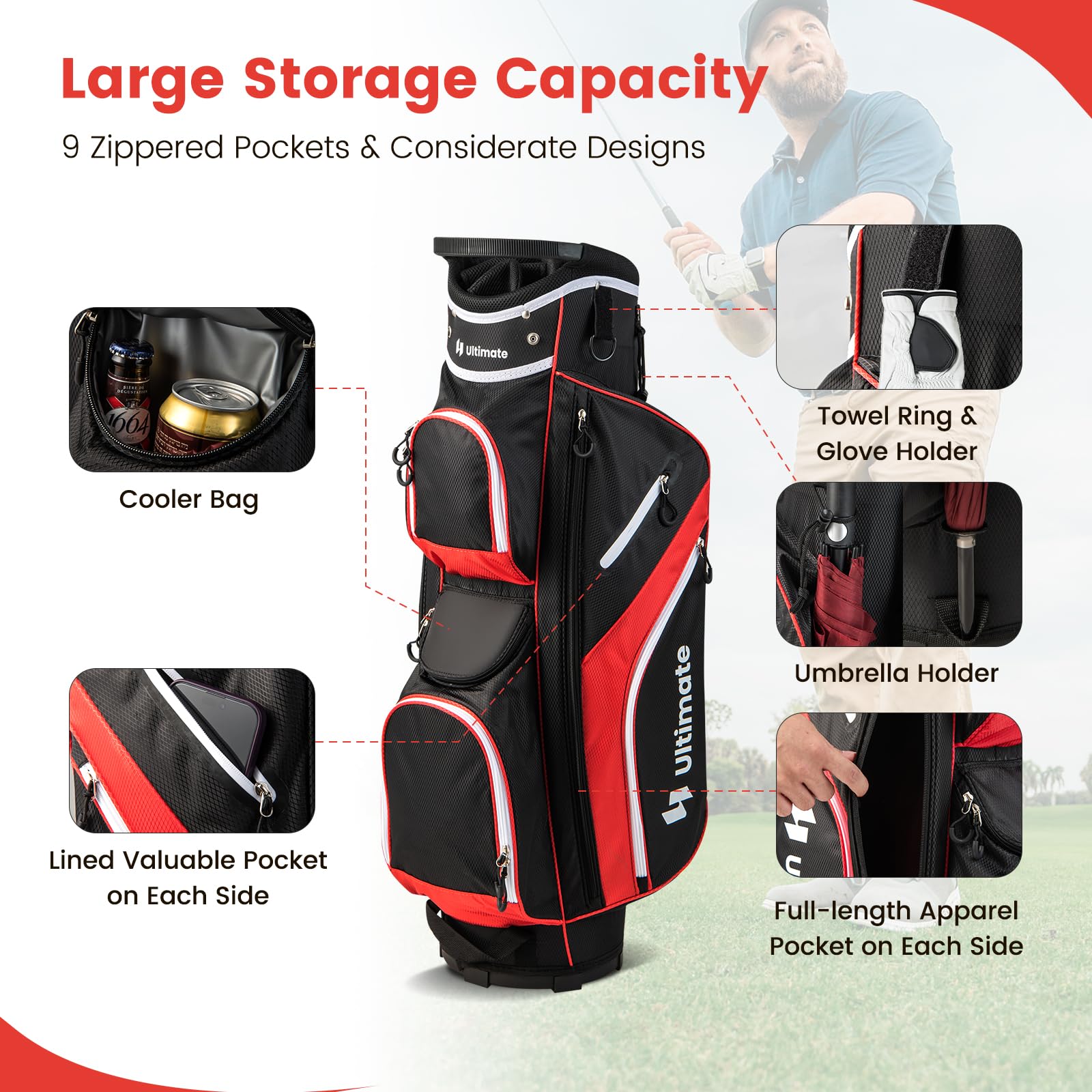 Tangkula 14-Way Golf Cart Bag - Lightweight Golf Club Organizer with 9 Pockets, Cooler Compartment, Umbrella Holder & Rain Hood - Durable Dual Strap Carry Bag for Men & Women - Perfect for Golf Courses, Driving Ranges & Country Clubs