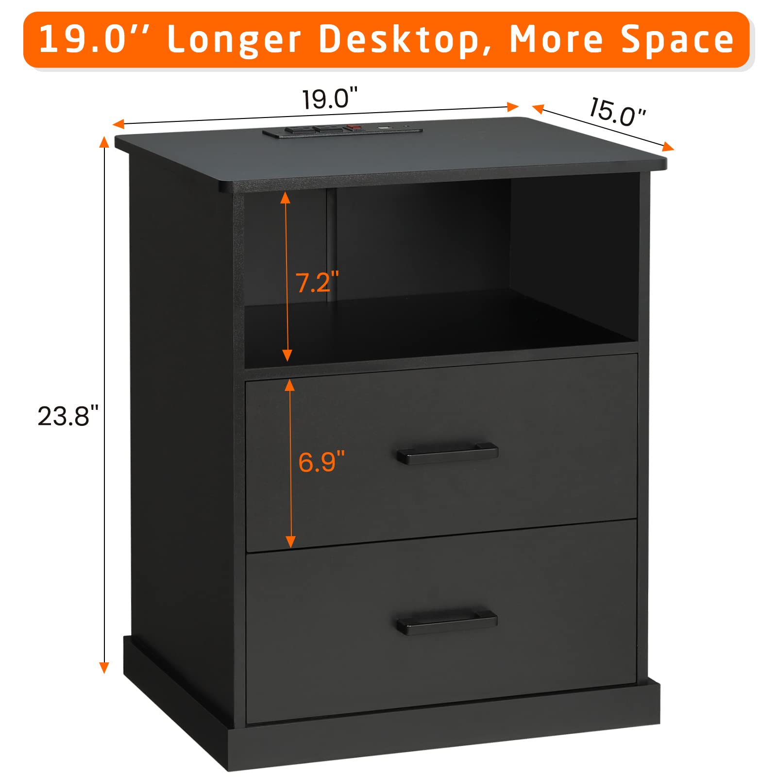 Hasuit Nightstand Set of 2 with Charging Station & Storage - Black Bedside Tables for Bedroom & Office