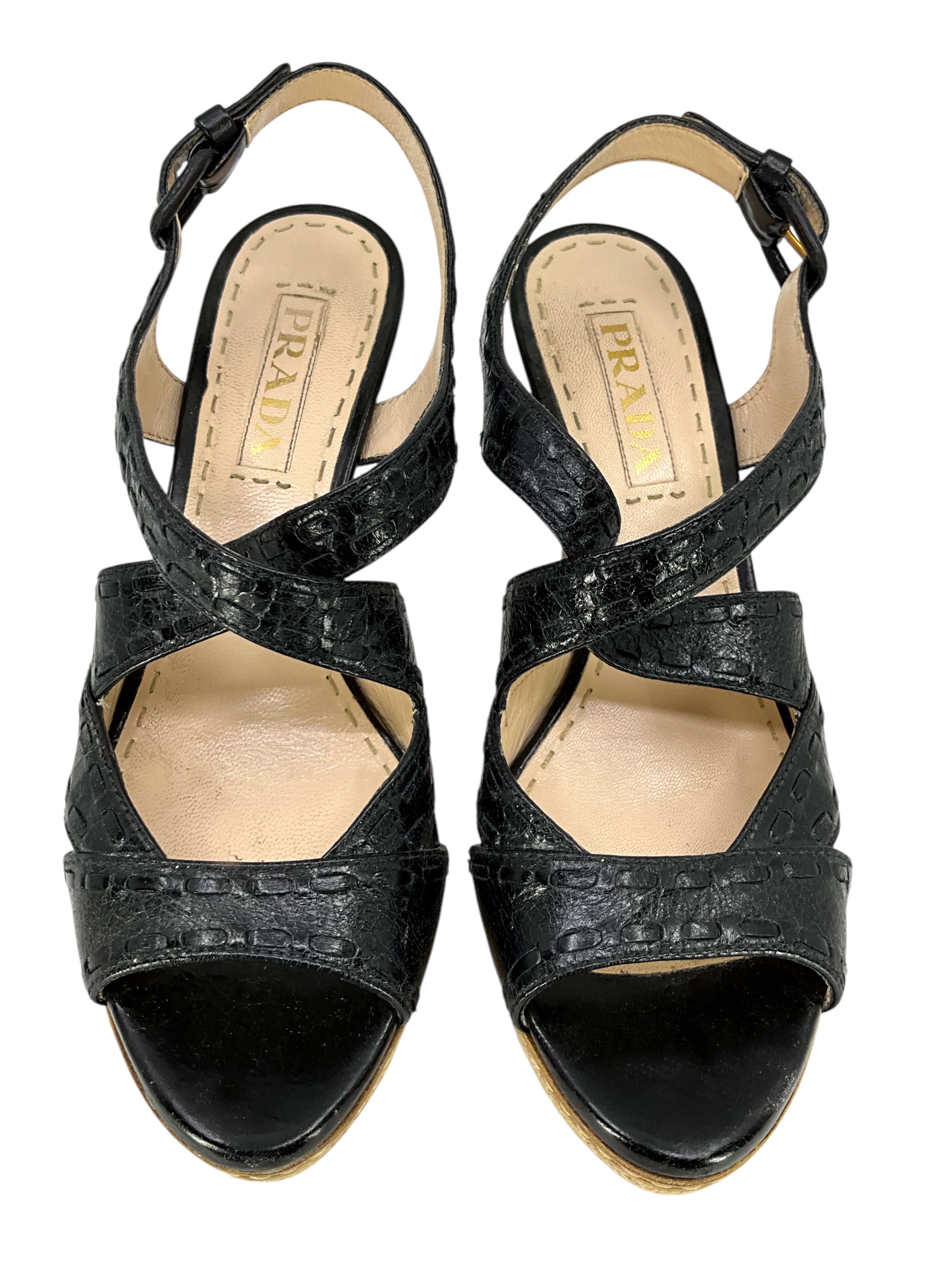 Prada Strappy Leather Espadrille Platform Sandals Women's Size 7.5 - Comfortable High Wedge Heel Summer Shoes for Beach, Vacation & Casual Outfits
