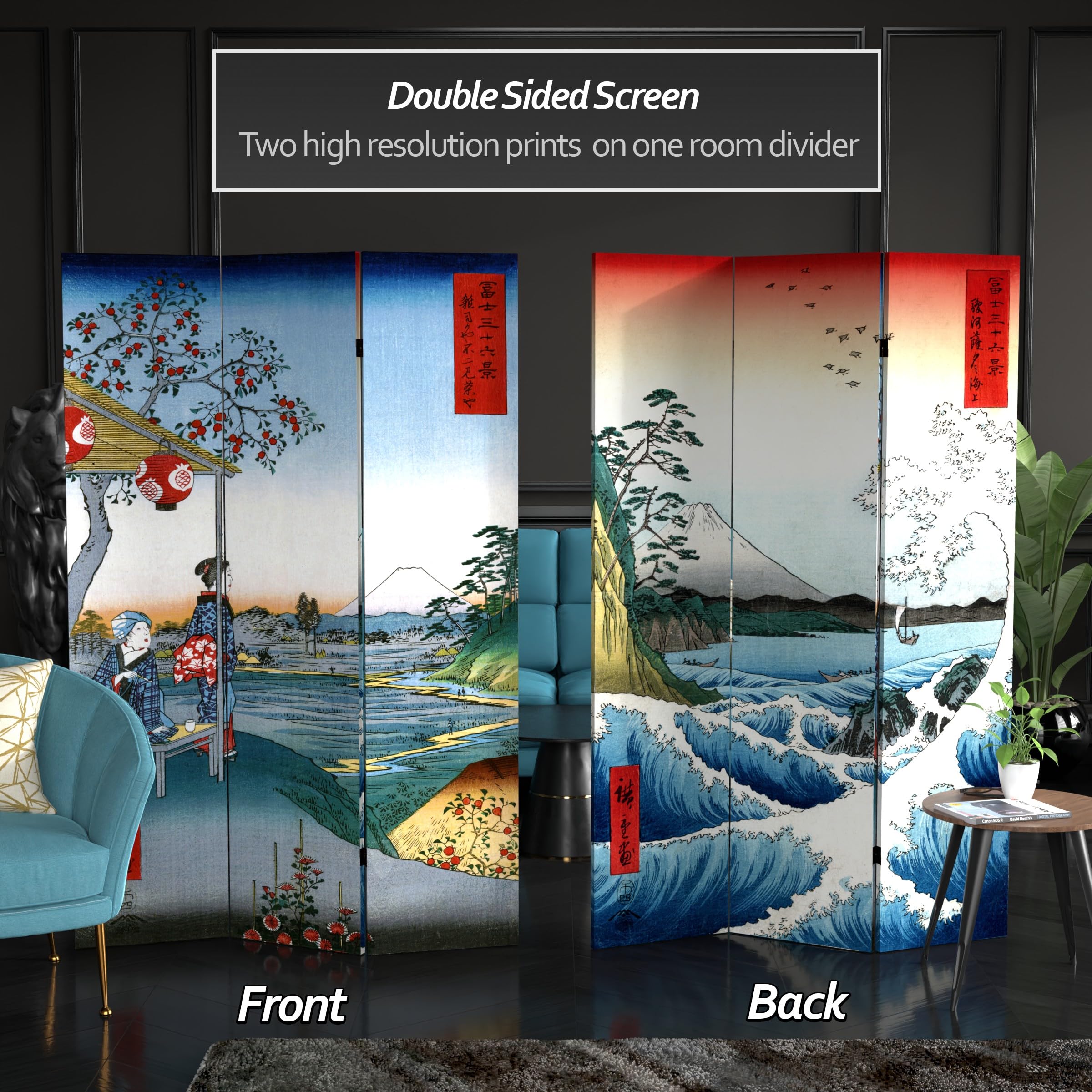 6 ft. Tall Double Sided Hiroshige Red Lantern Room Divider - Sea at Satta & Teahouse Design, 71 Inch Height 3 Panel Wide Folding Screen for Home Decor, Office Partition, and Asian-Themed Event Backdrop