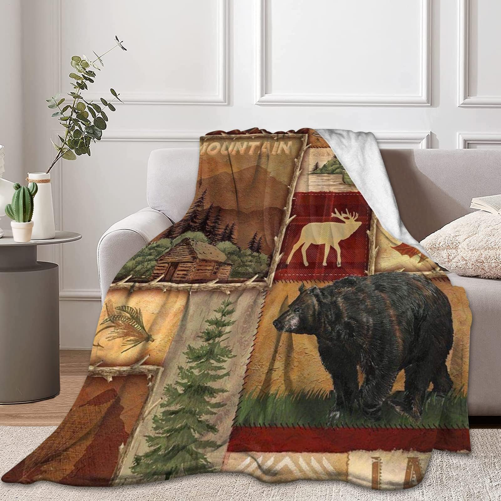 Soft Warm Cozy Rustic Lodge Bear Moose Deer Throw Blanket - Lightweight Decorative Fleece Blanket for Couch, Bed, Sofa & Travel - 50x60 Inches - Perfect for Cabin Decor, Camping & Winter Snuggling