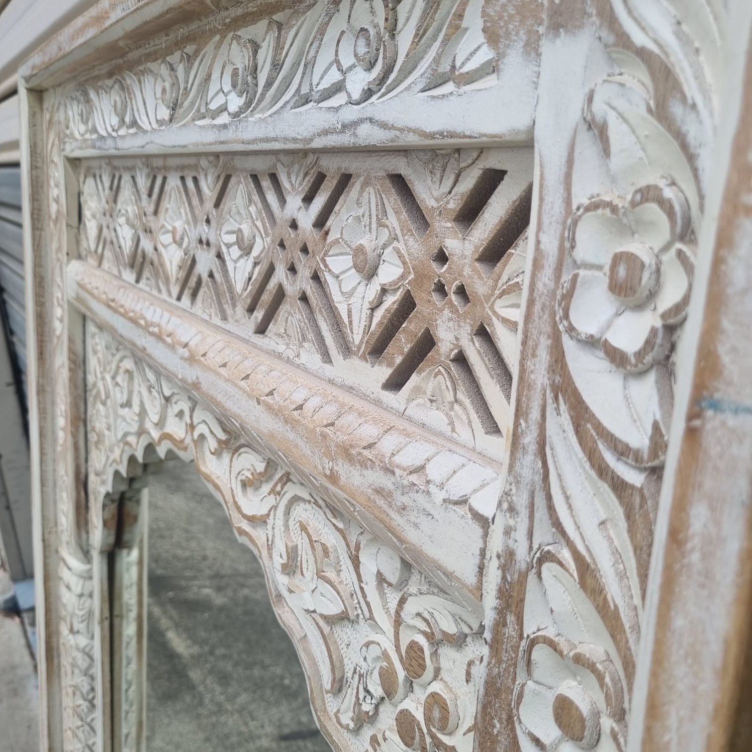 Handmade Carved Solid Wood Indian Furniture Mirror Frame - Rustic White Finish - 59