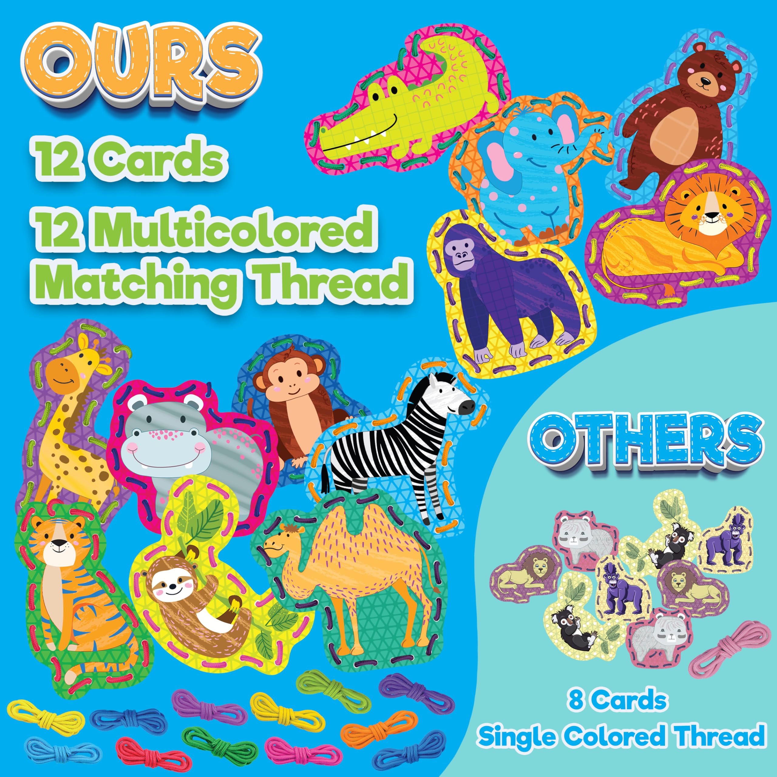 Bambibo Lacing Cards for Toddlers - 12 Double Sided Animal Sewing Cards with Names & Features | DIY Threading Activity for Kids Ages 3-8 | Fine Motor Skills Toys for Preschool Learning & Travel Entertainment