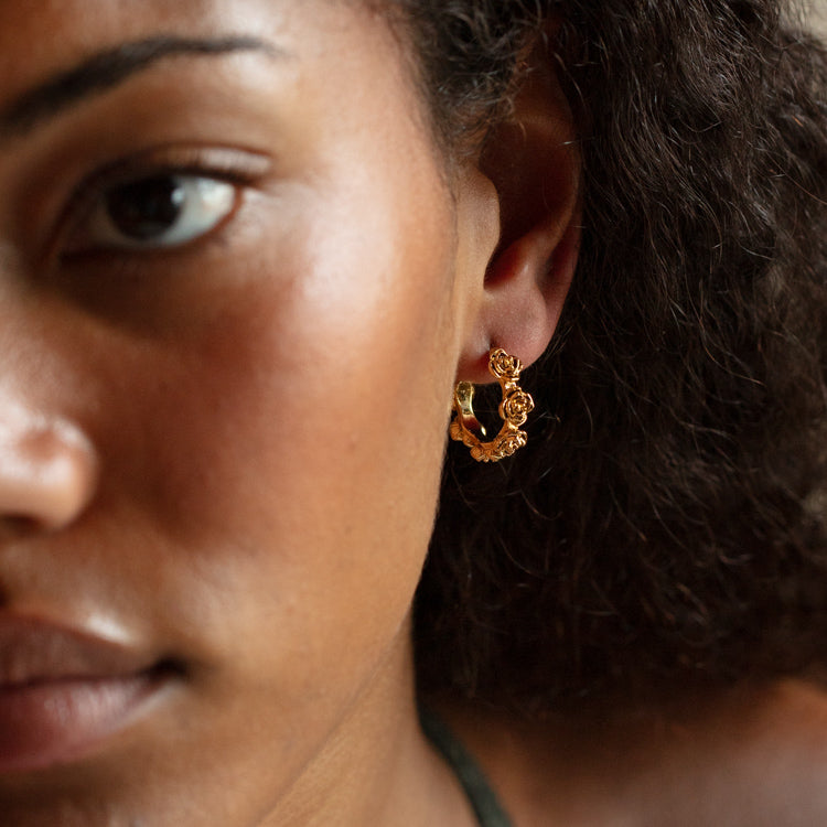 Rose Huggie Earrings for Women - 14K Gold Plated Floral Hoop Earrings | Perfect for Valentine's Day, Weddings & Everyday Wear
