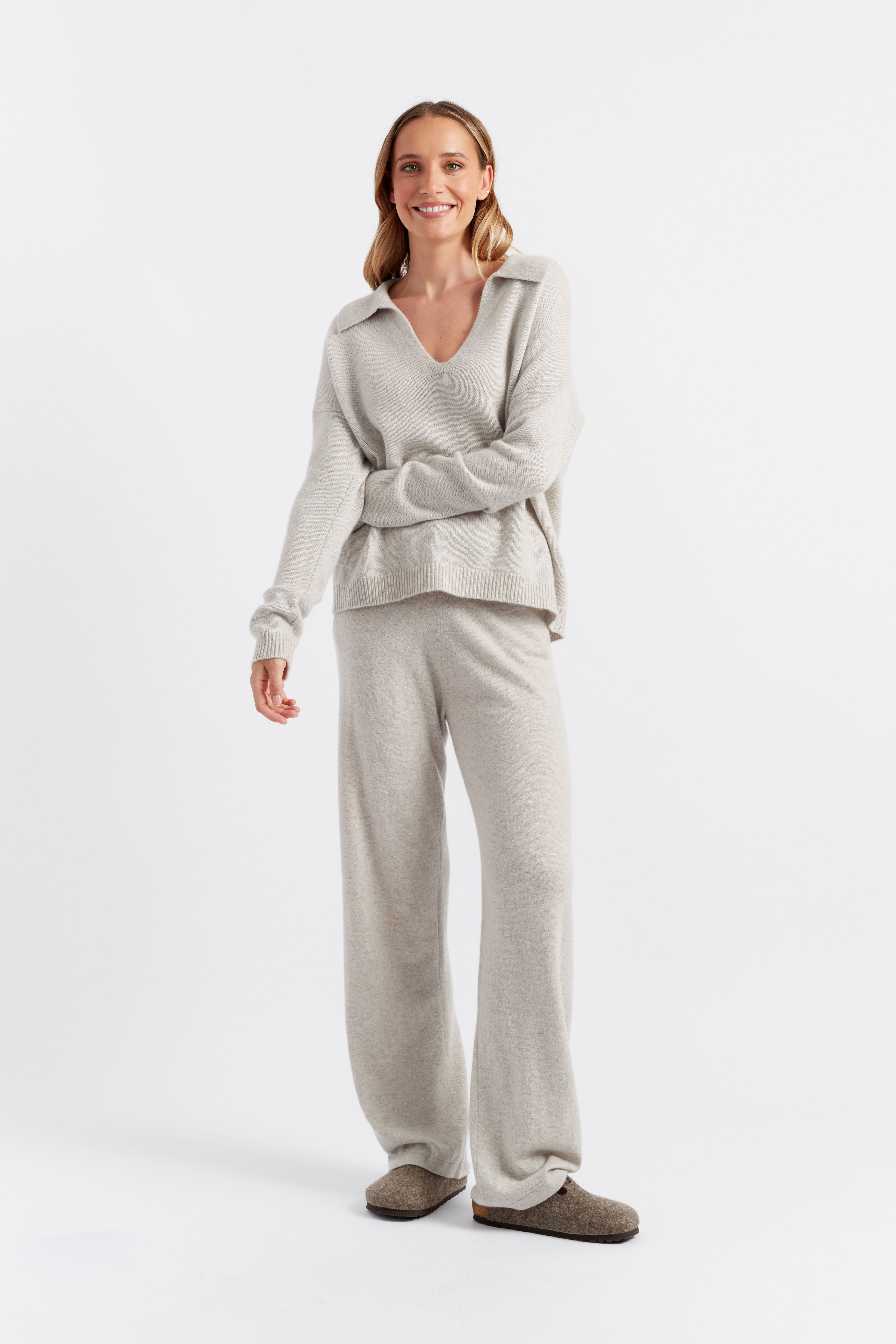 Soft Taupe Cashmere Collared Sweater for Women - Cozy Winter Pullover for Office & Casual Wear