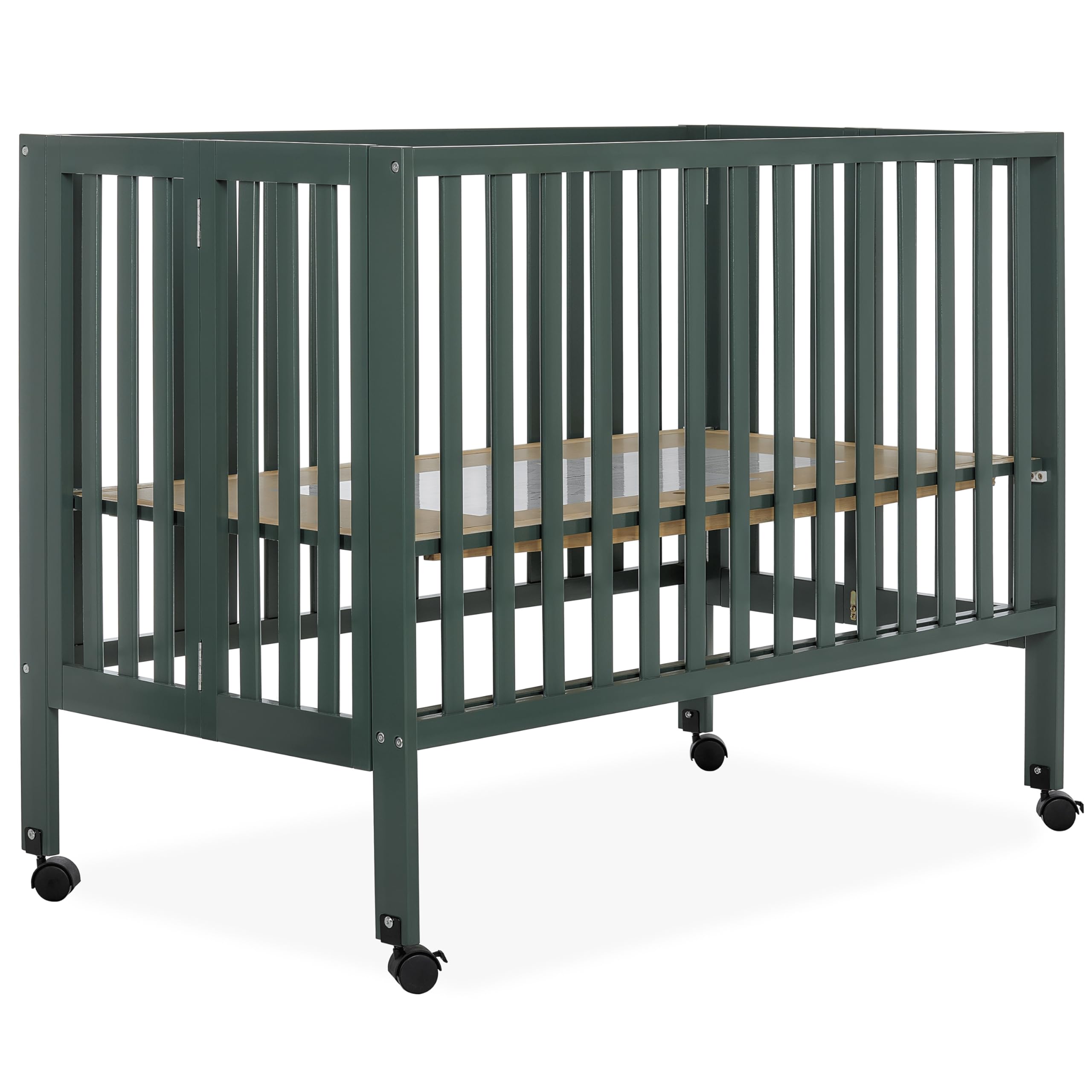 Dream On Me Quinn Full-Size Folding Crib - Olive Green | Removable Wheels & Adjustable Mattress Support | Modern Nursery Essential | Portable Baby Bed with Patented Folding System | Perfect for Travel, Small Spaces & Guest Rooms