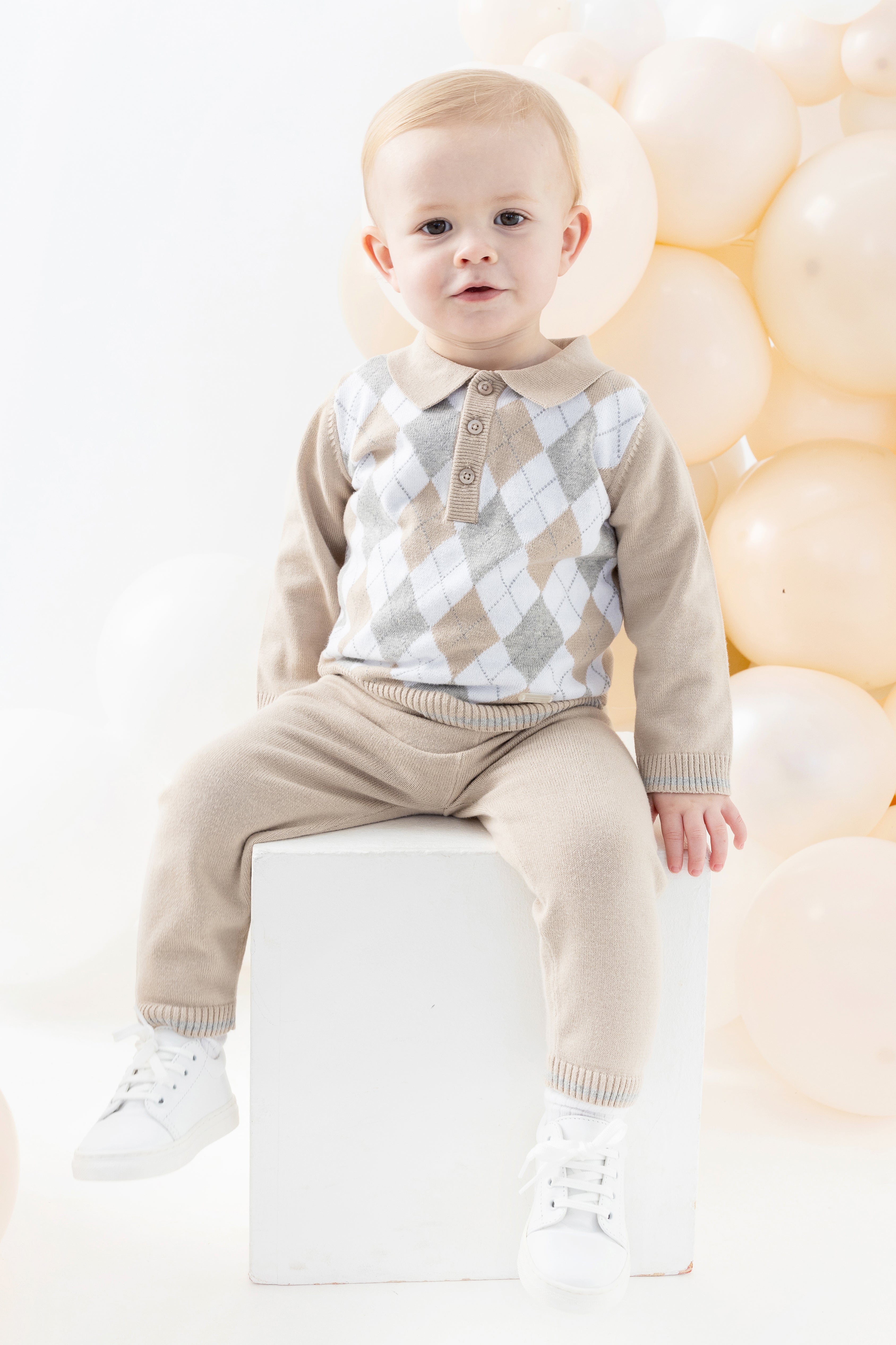 Xavier Beige & Grey Argyle Knit Sweater & Pants Set - Stylish Casual Outfit for Work, Date Night & Fall Fashion