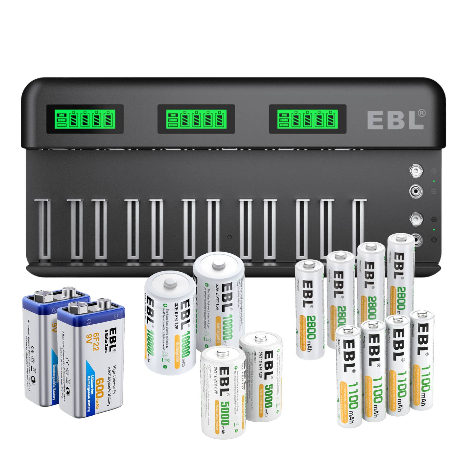 EBL 12+2 Bay Universal Battery Charger for AA AAA C D 9V Rechargeable Batteries - Fast Charging Station for Home, Office, and Travel Use