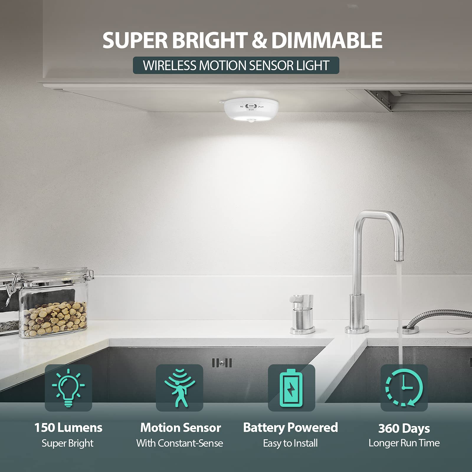 BLS AA Battery Powered Motion Sensor LED Light - 3 Pack Wireless Puck Lights for Under Cabinet, Closet, Hallway, Stairway, Basement & Kitchen | Indoor Stick-On Lighting Solution for Home & Office Use