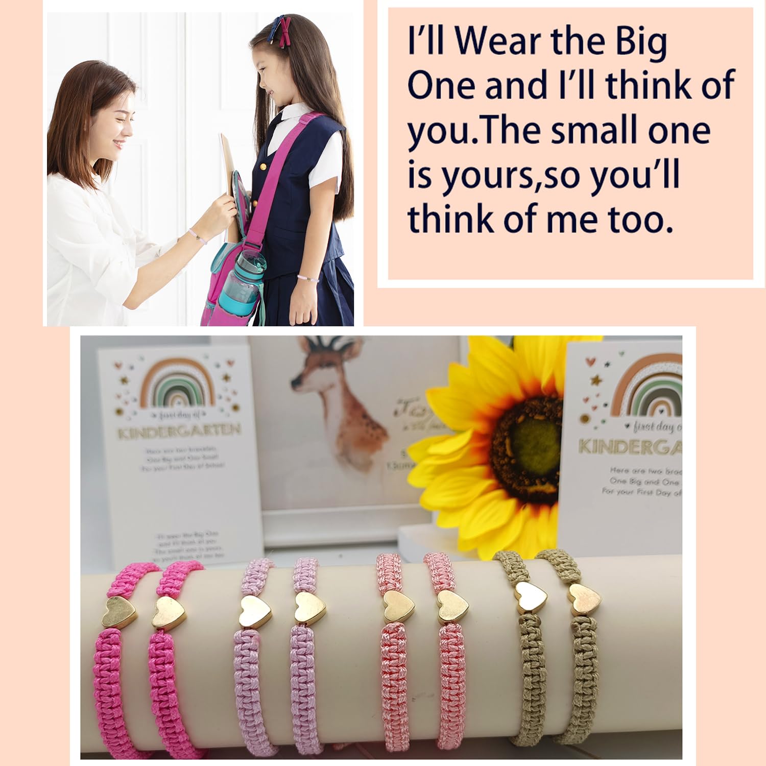 First Day of Kindergarten Bracelets for Mom and Daughter - Matching Heart Wish Adjustable Bracelets for Women - Perfect Back to School Gift for Pre-K Students & Parents - Ideal for School Photos, Memory Keeping and Mother-Daughter Bonding