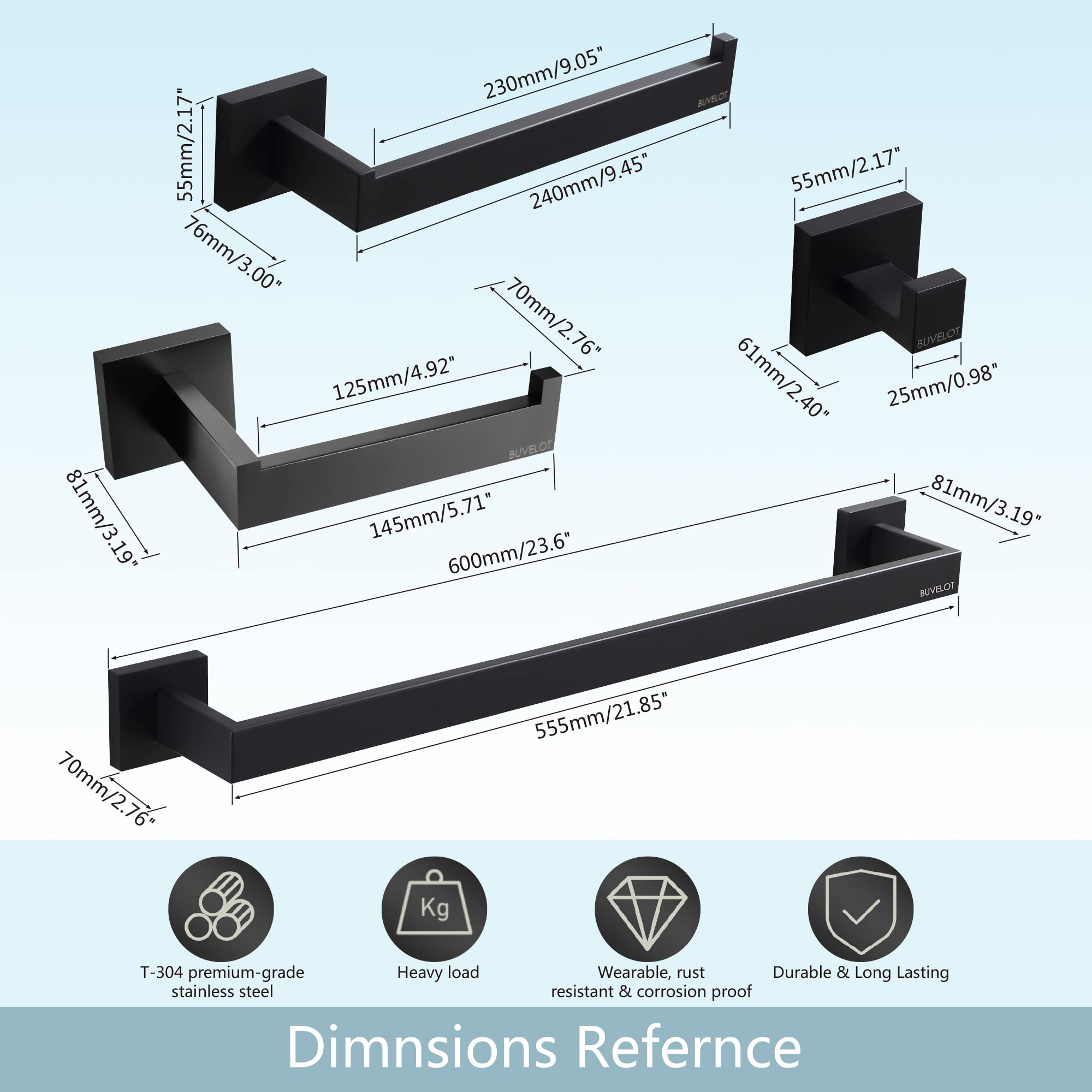 5-Piece Matte Black Bathroom Hardware Set - Towel Bar, Robe Hook, Toilet Paper Holder - Modern Wall-Mounted Bathroom Accessories for Home & Hotel Use