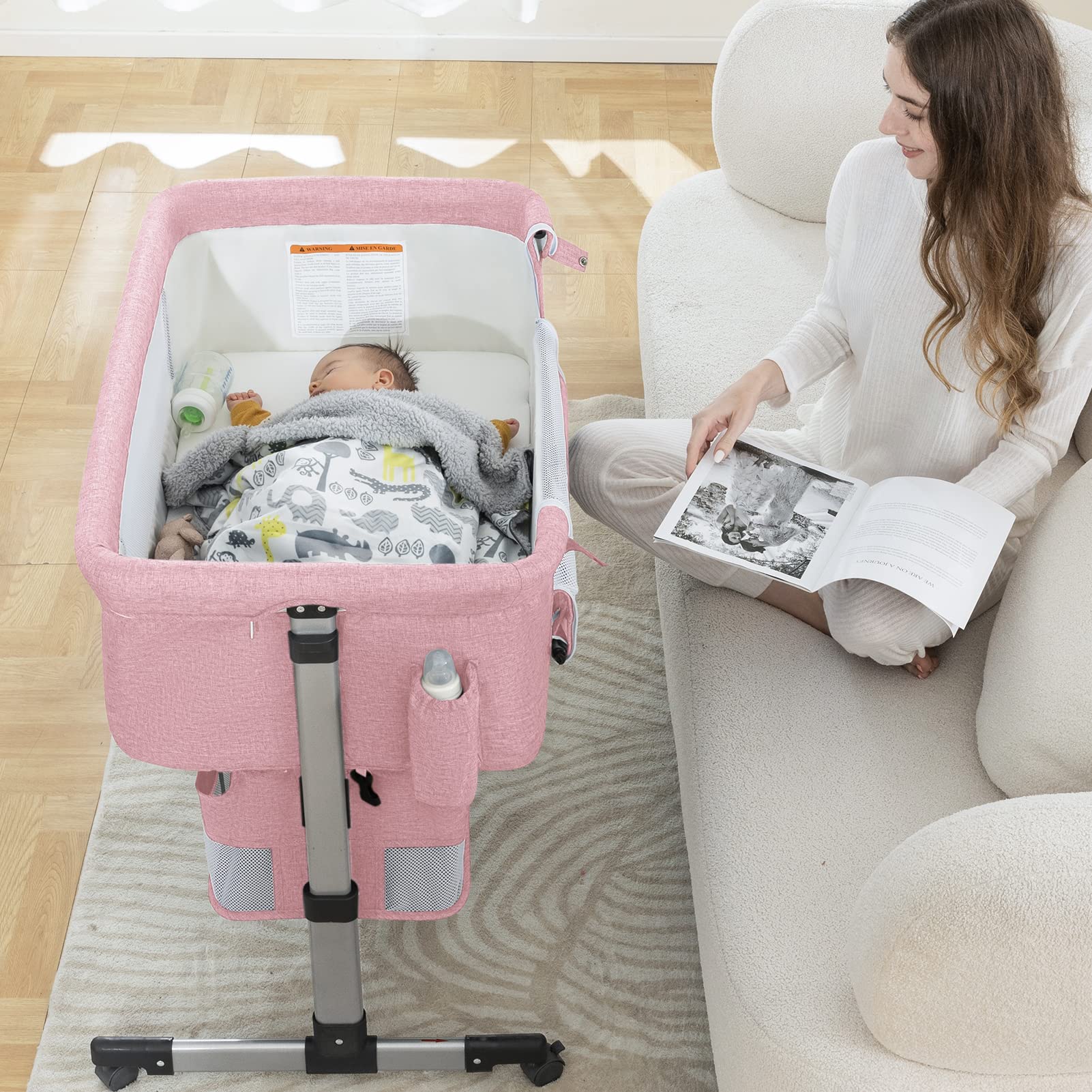 Ihoming Baby Bassinet Bedside Sleeper - Adjustable Folding Crib with Storage Basket for Newborns & Infants | Portable Nursery Bed for Bedroom, Travel & Home Use (Pink)