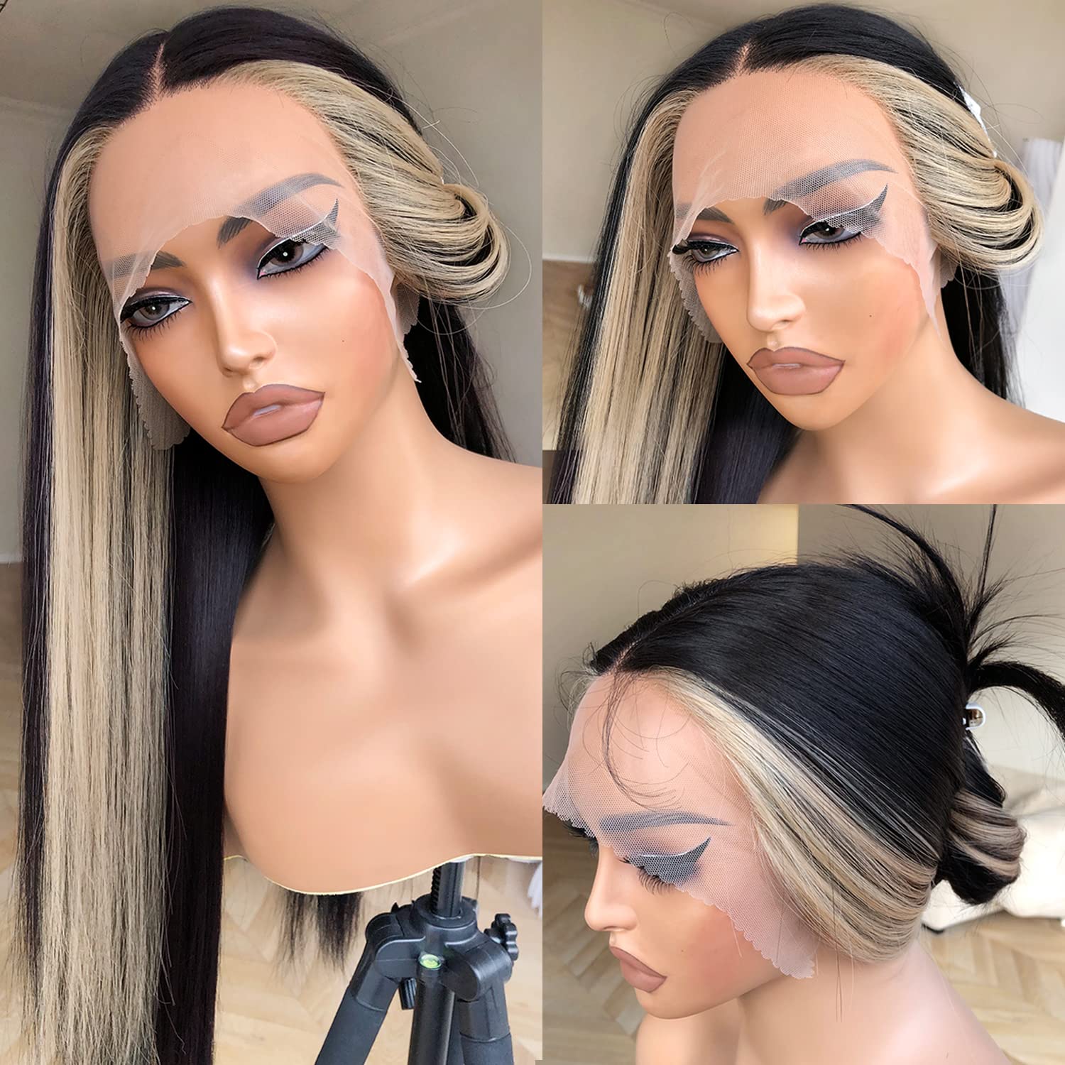 13x5x1 HD Glueless Synthetic Lace Front Wig for Women - 180 Density 26inch Skunk Stripe Black & Blonde Pre-Plucked Ready to Wear Wig | Perfect for Cosplay, Halloween Costumes, and Fashion Styling