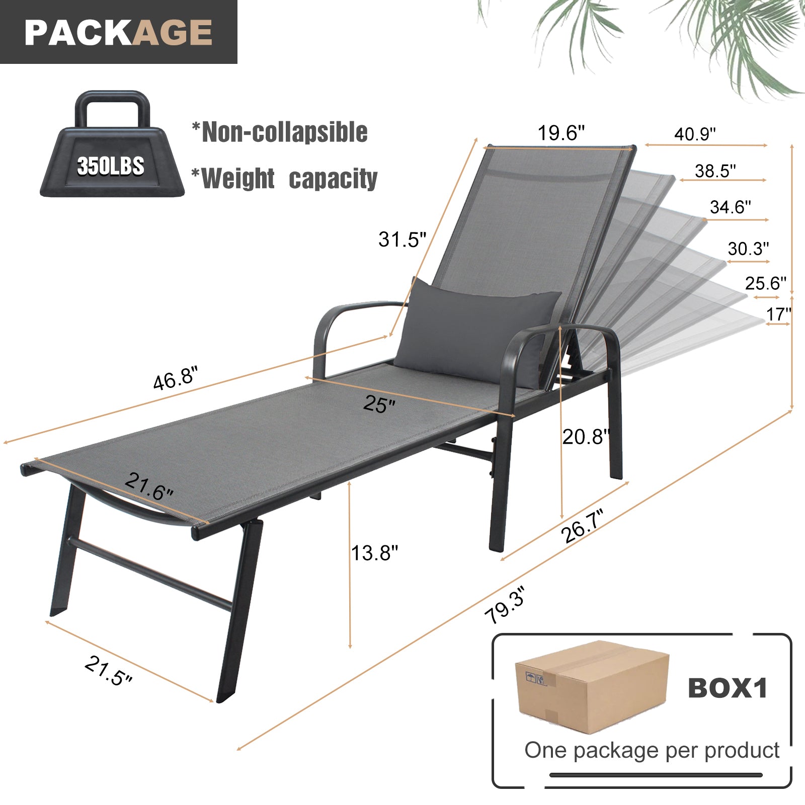 2-Piece Outdoor Patio Lounge Set with Pillows - Waterproof Gray Poolside Chaise Lounge Chairs for Backyard, Garden & Swimming Pool Relaxation