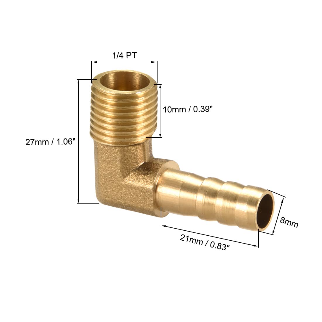 90 Degree Brass Barbed Hose Connector - 8mm Barb x 1/4
