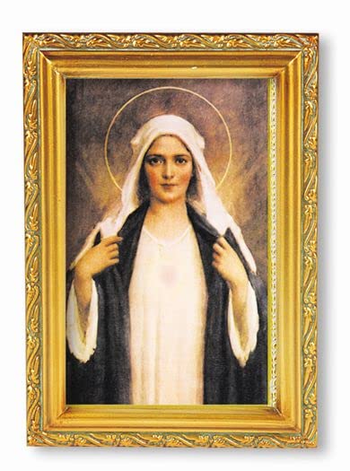 Immaculate Heart of Mary Framed Wall Art - Antique Gold Leaf Finish with Acanthus Leaf Edging - Catholic Home Decor for Living Room, Bedroom & Prayer Space