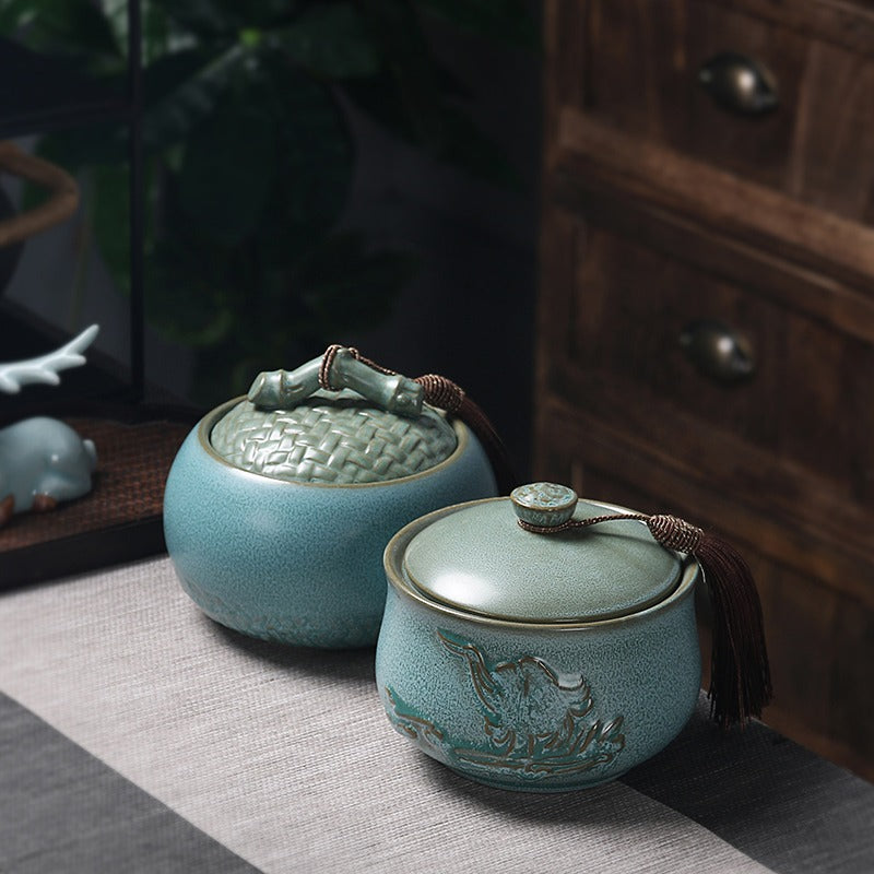 Handmade Blue Coarse Pottery Tea Caddy - Airtight Ceramic Tea Storage Container for Loose Leaf Tea | Perfect for Home, Office & Gift Giving