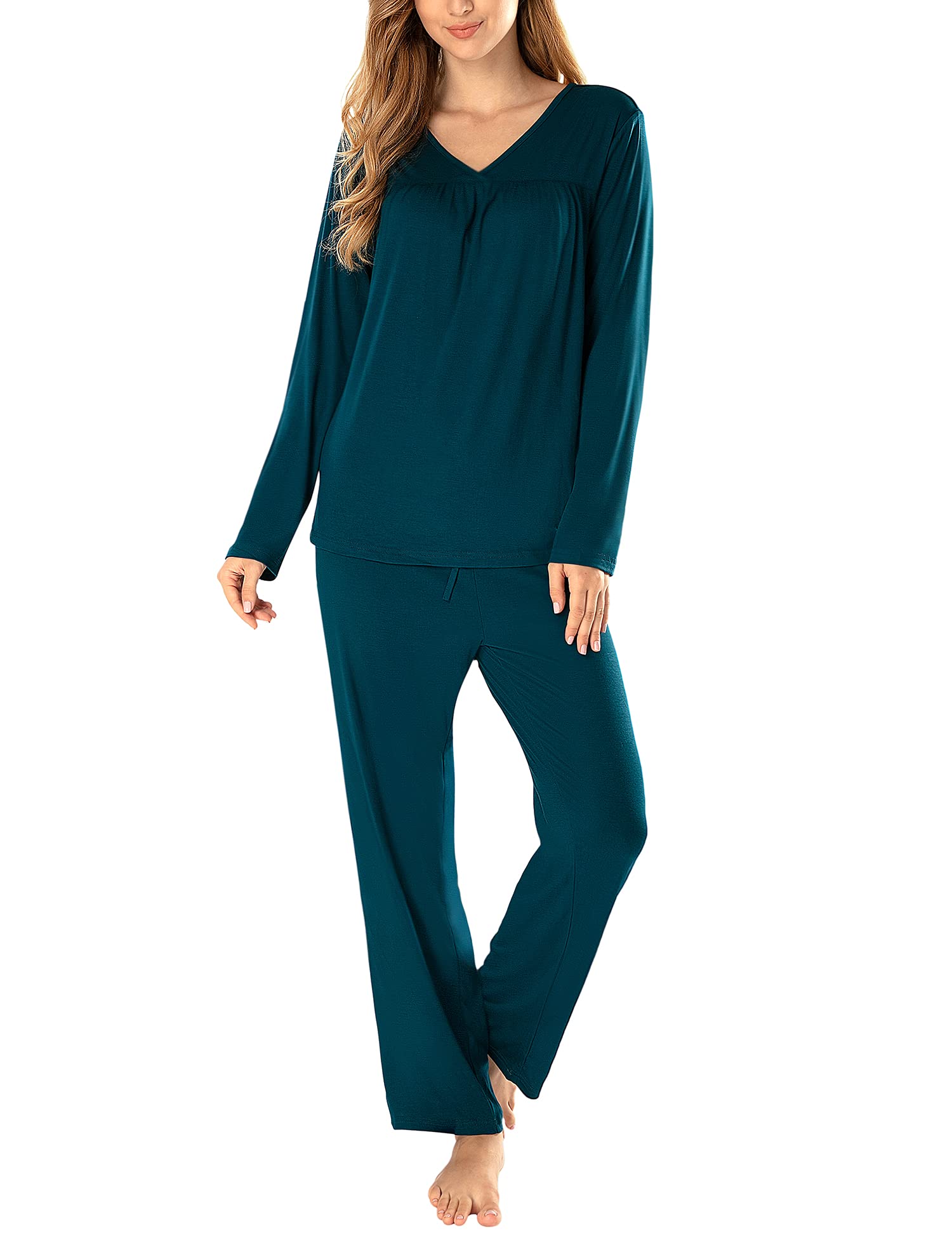 MANCYFIT Women's Soft Long Sleeve Pajama Set - V-Neck Sleepwear & Lounge Pjs for Comfortable Nights at Home