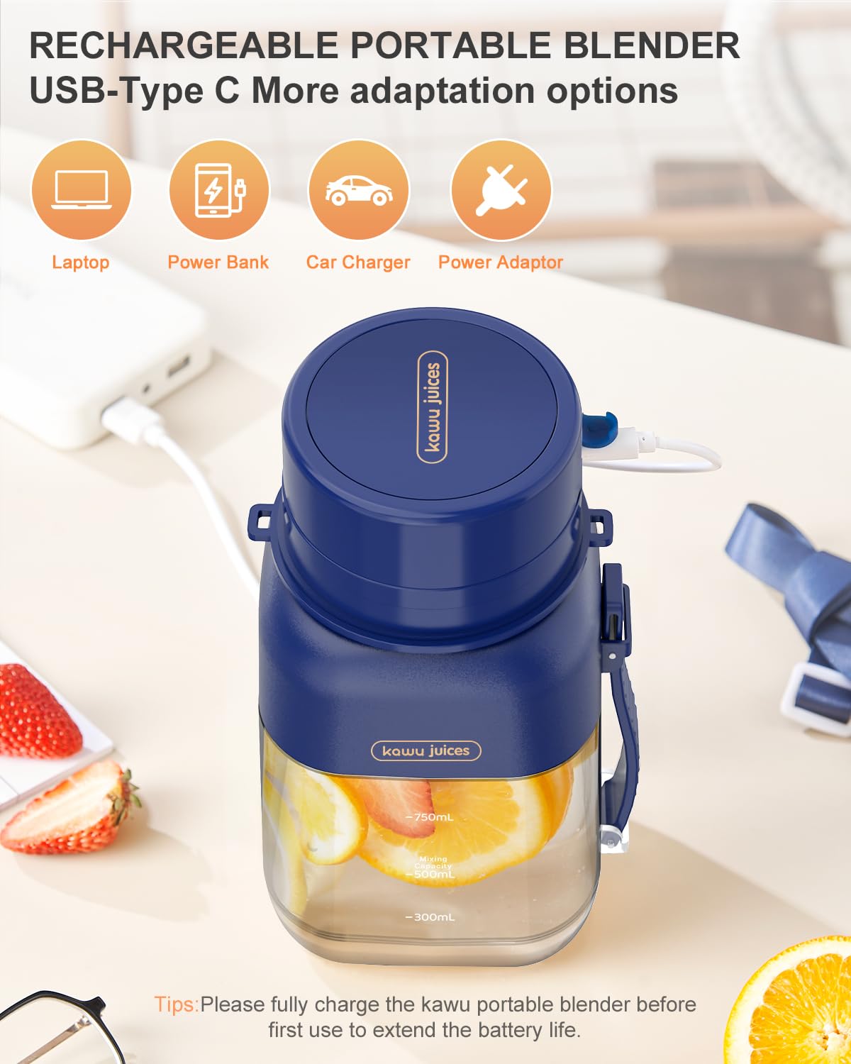 Kawu Portable Blender - 34.1oz USB-C Rechargeable Personal Smoothie Maker with Leakproof Lid & Sip Spout, BPA-Free, Dishwasher Safe - Perfect for Shakes, Protein Drinks, Baby Food & Travel - Includes Handle & Strap for On-the-Go Blending
