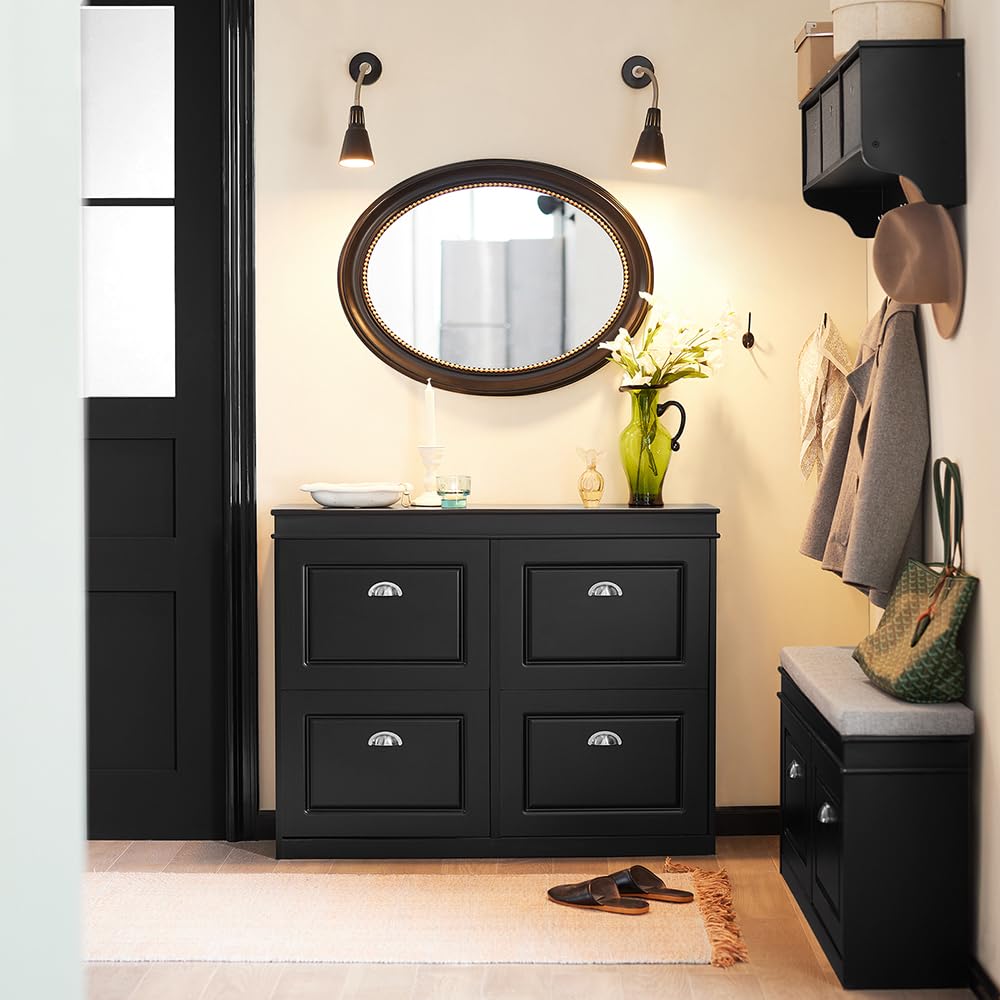 SoBuy Black Storage Shoe Bench with 2 Flip Drawers - Hidden Shoe Cabinet & Free Standing Shoe Rack - Hallway Entryway Storage Bench with Seat Cushion (FSR64-SCH) - Perfect for Small Spaces, Mudrooms & Closet Organization