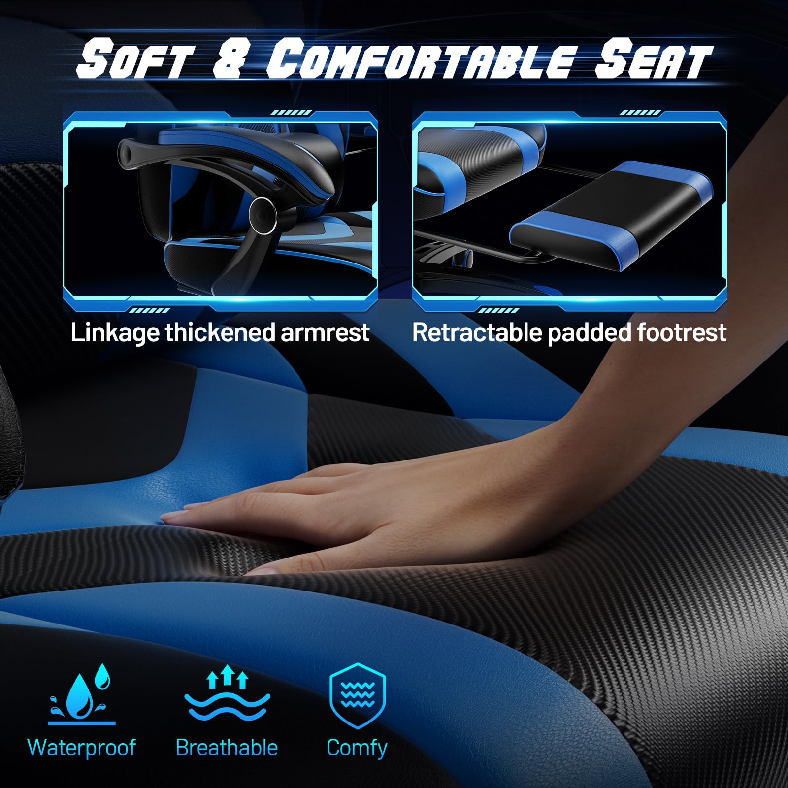 POWERSTONE Ergonomic Gaming Chair - High Back Racing Style Office Computer Chair with Adjustable Footrest & Reclining Function, Swivel Video Game Chair for Adults & Teens (Blue) - Perfect for Esports, Streaming & Home Office Workspace