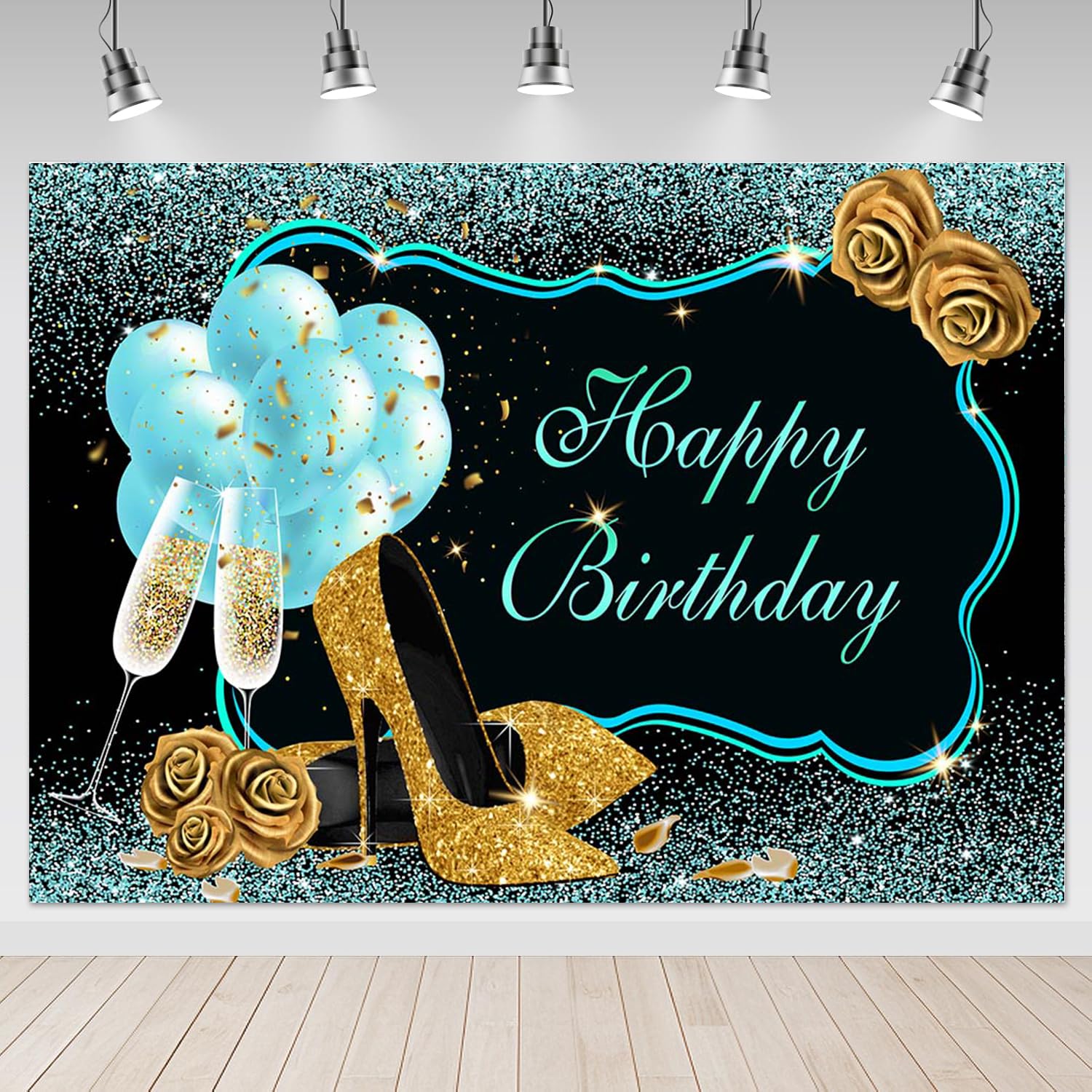 7x5ft Teal & Gold Happy Birthday Backdrop for Women - Turquoise Birthday Photography Background for Sweet 16, 21st, 30th & 40th Parties - Perfect for Photo Booths, Baby Showers & Anniversary Celebrations