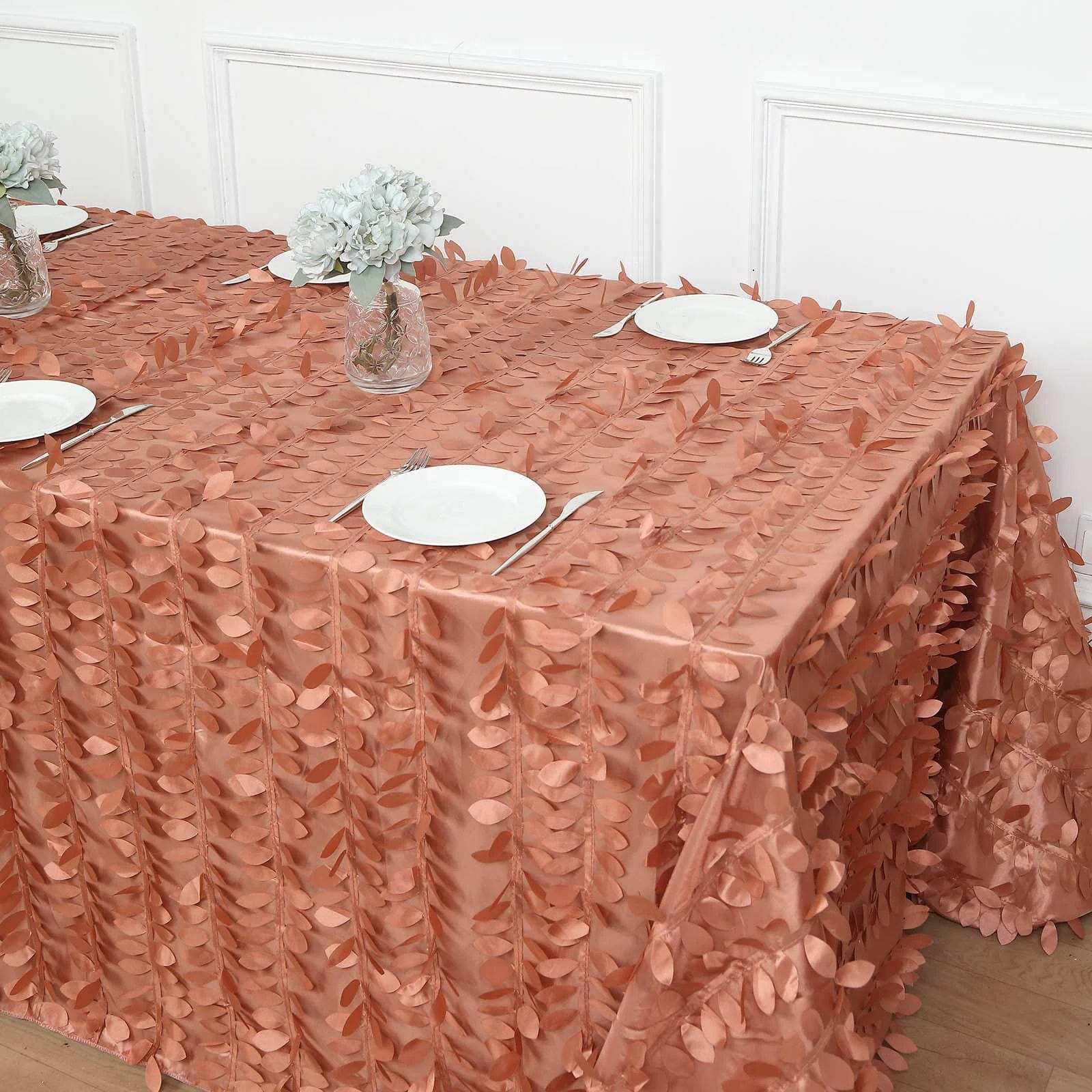 90x132 Inch Taffeta Rectangular Tablecloth with Elegant Leaf Petals Design - Perfect for Wedding, Party, and Home Dining Decor