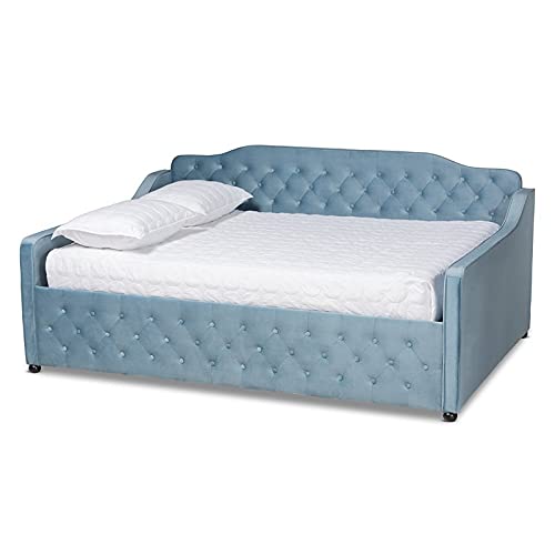 BOWERY HILL Light Blue Velvet Button Tufted Queen Size Wood Daybed - Elegant Sofa Bed for Guest Room, Living Room & Home Office