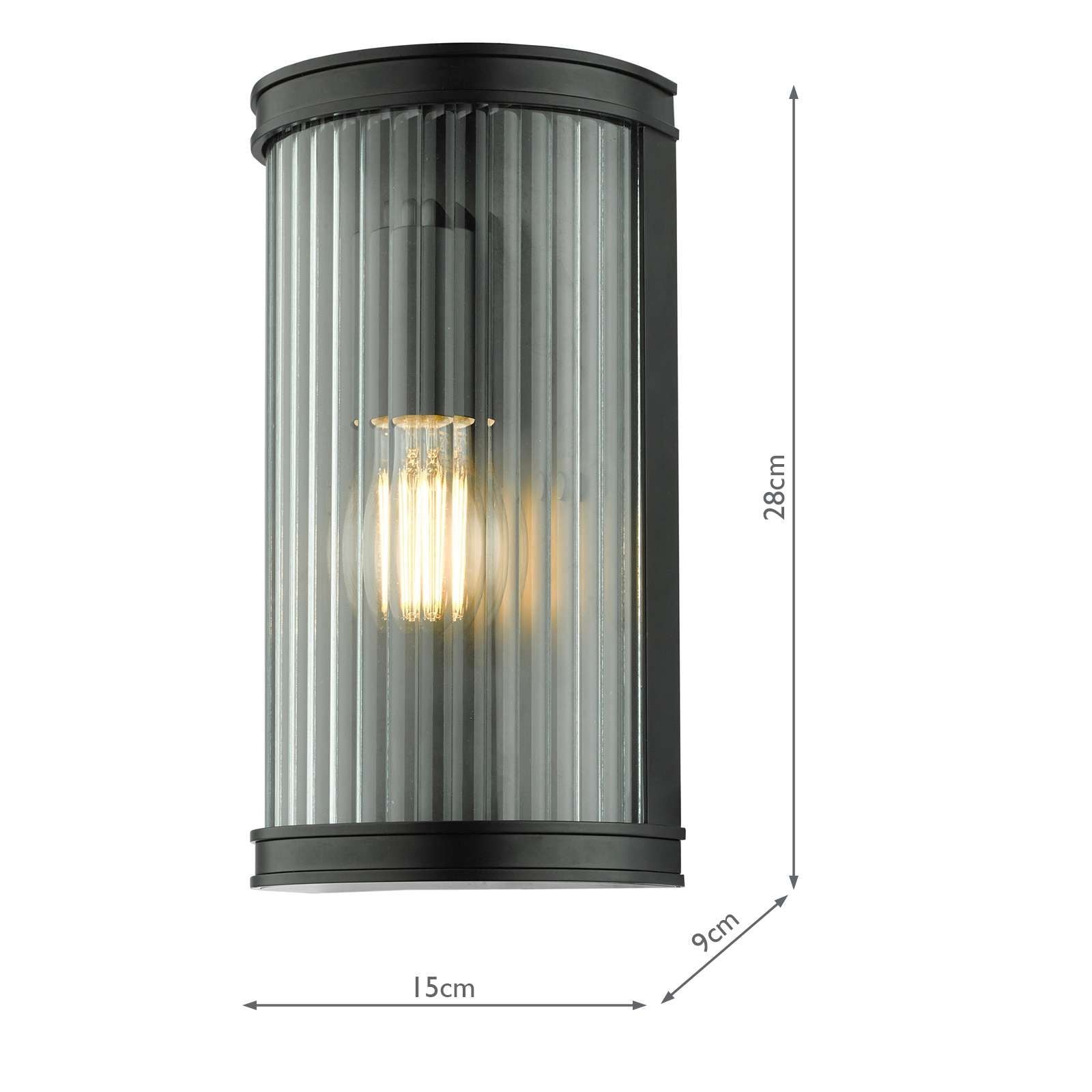 Anund Black Ribbed Glass Bathroom Wall Light - IP44 Waterproof for Shower, Vanity & Spa Lighting