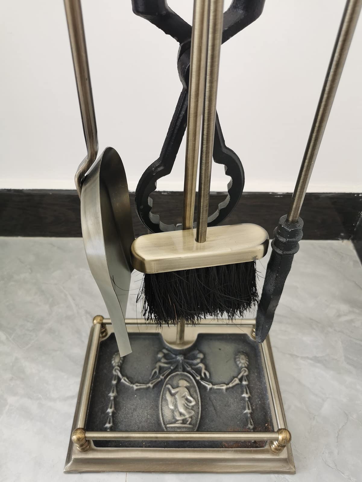 Antique Brass Fireplace Tool Set - 5 Piece Heavy Duty Fireplace Accessories with Base, Poker, Shovel, Pliers & Brush | Perfect for Fireplace Maintenance & Home Decor