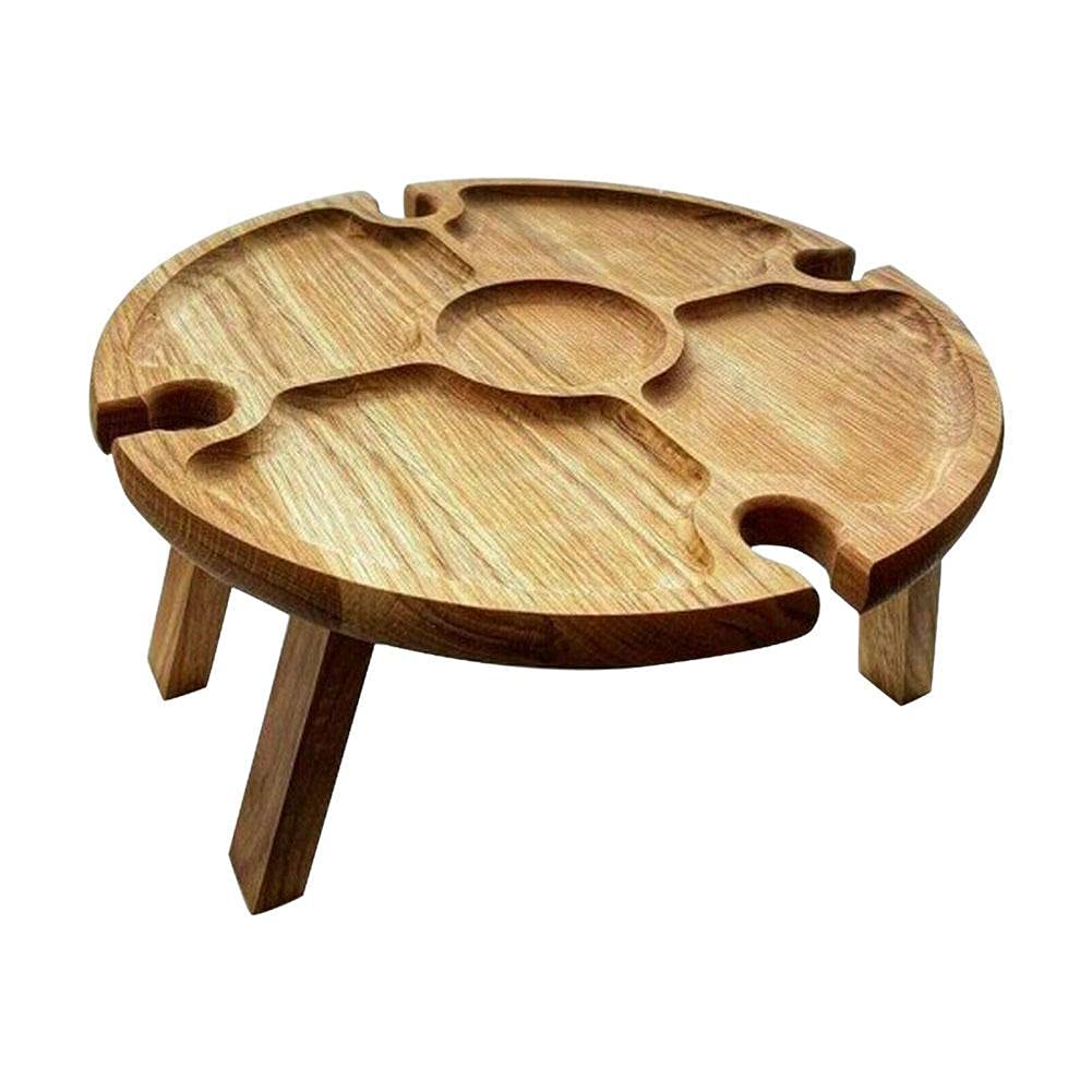 Portable Folding Picnic Table with Wine Glass Holder - Compact Wooden Snack Table with Compartmental Dish for Cheese, Fruits & Drinks - Perfect for Camping, Backyard BBQs, Beach Outings & Outdoor Gatherings