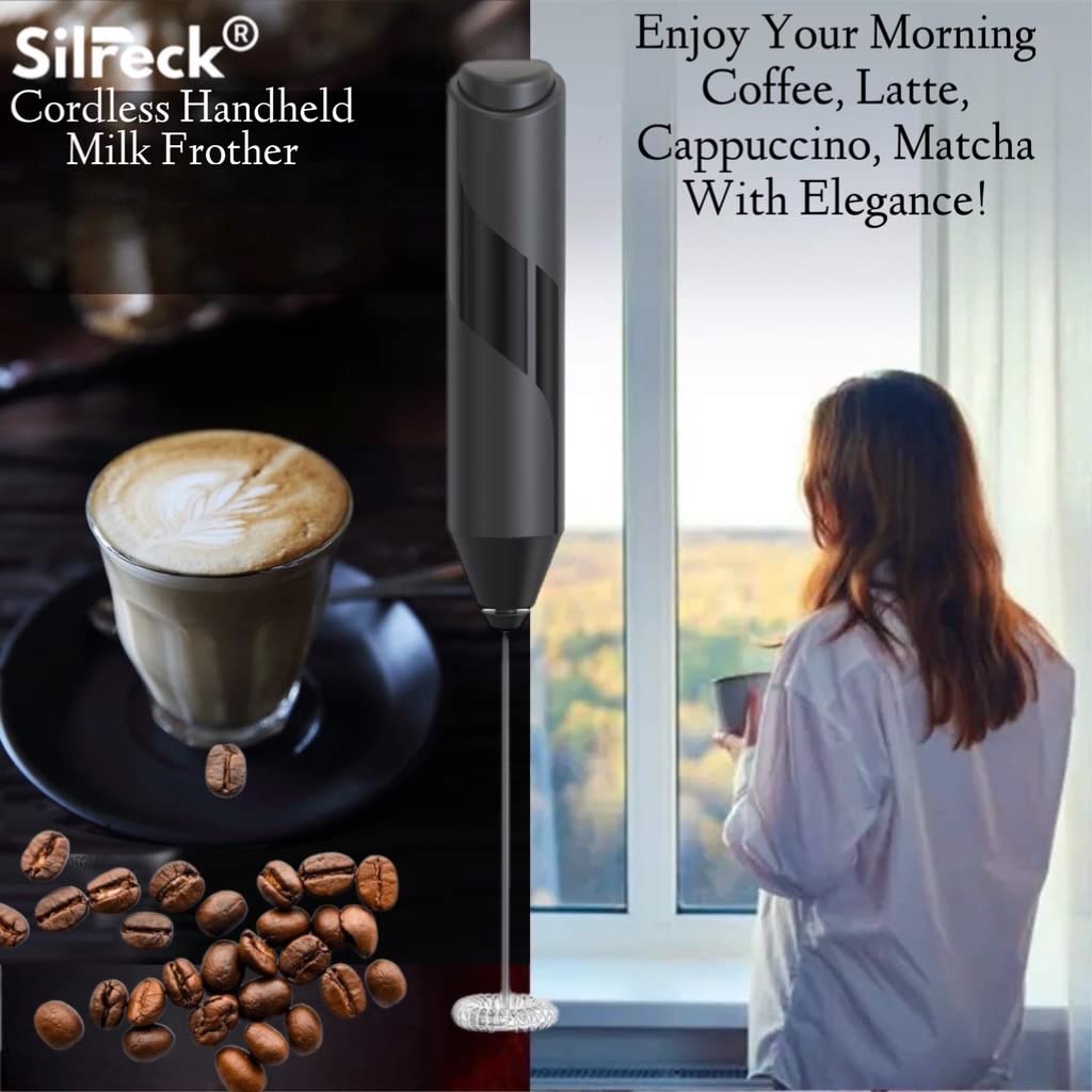Silreck Electric Milk Frother - Handheld Automatic Milk Mixer for Coffee, Latte, Cappuccino, Milkshakes & Egg Whisking (Black) | Perfect for Home Baristas & Coffee Lovers