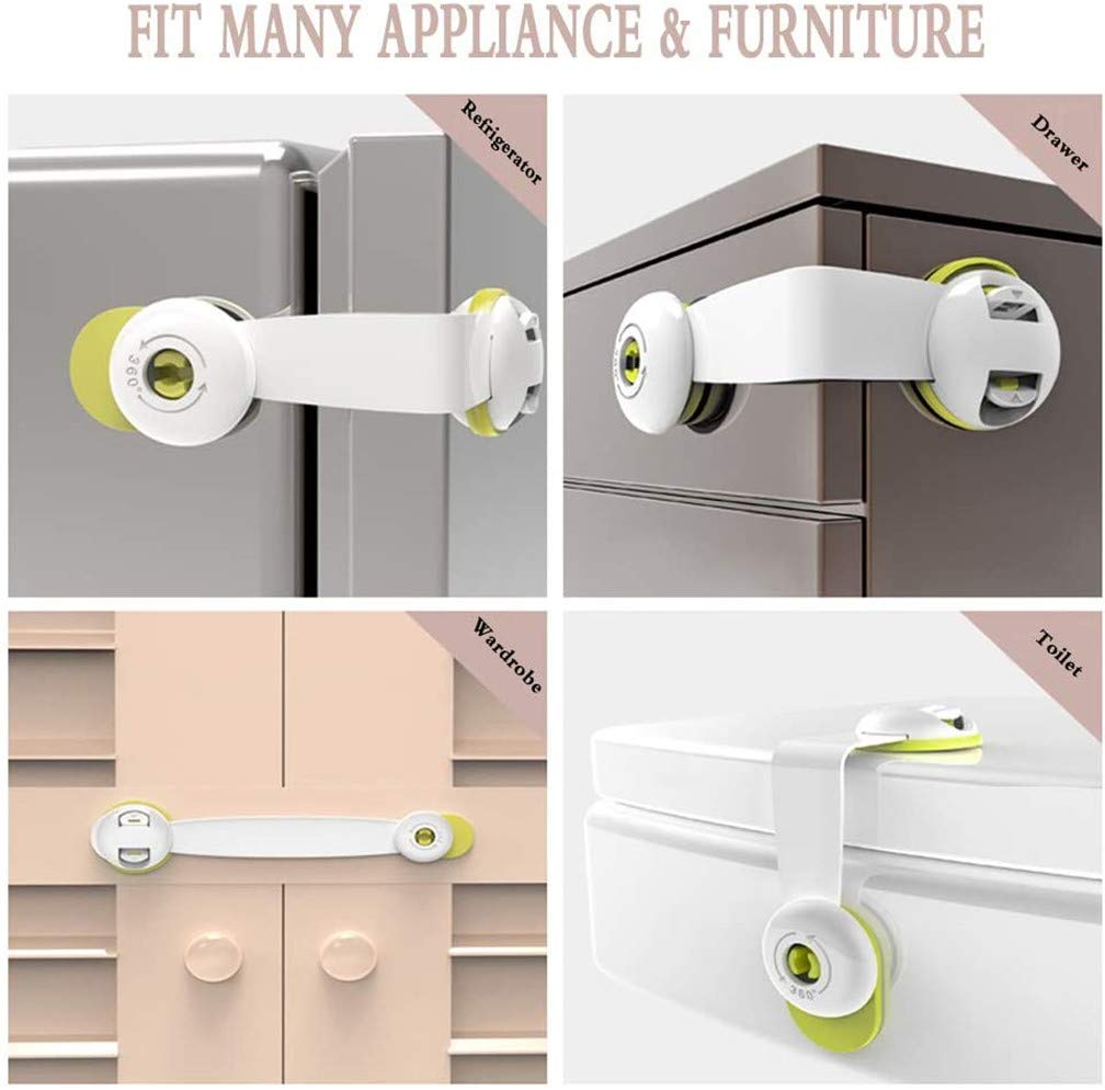 Child Safety Locks 5-Pack - Strong Adhesive Baby Proof Cabinet Locks for Kitchen Cabinets, Drawers, Fridge, Oven & Appliances - Secure Closet, Trash Bins & More - Eco-Friendly Green (Perfect for Baby Proofing Homes & Child Safety)