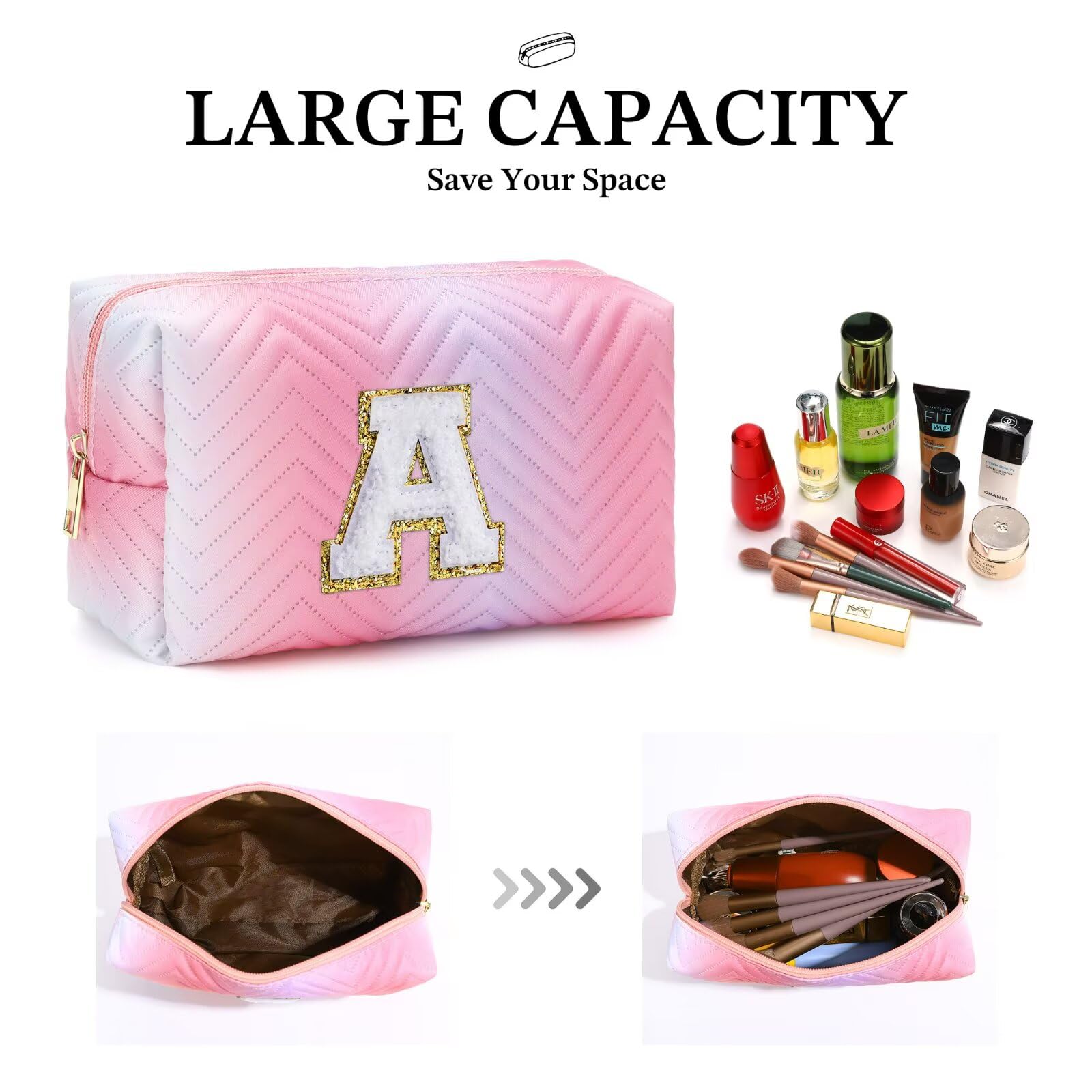 YOOLIFE Personalized Initial Pink Makeup Bag for Girls & Teen Girls - Cute Cosmetic Pouch for Travel, School, Birthday Gifts | Perfect for Makeup Storage, Sleepovers & Teen Essentials Organization