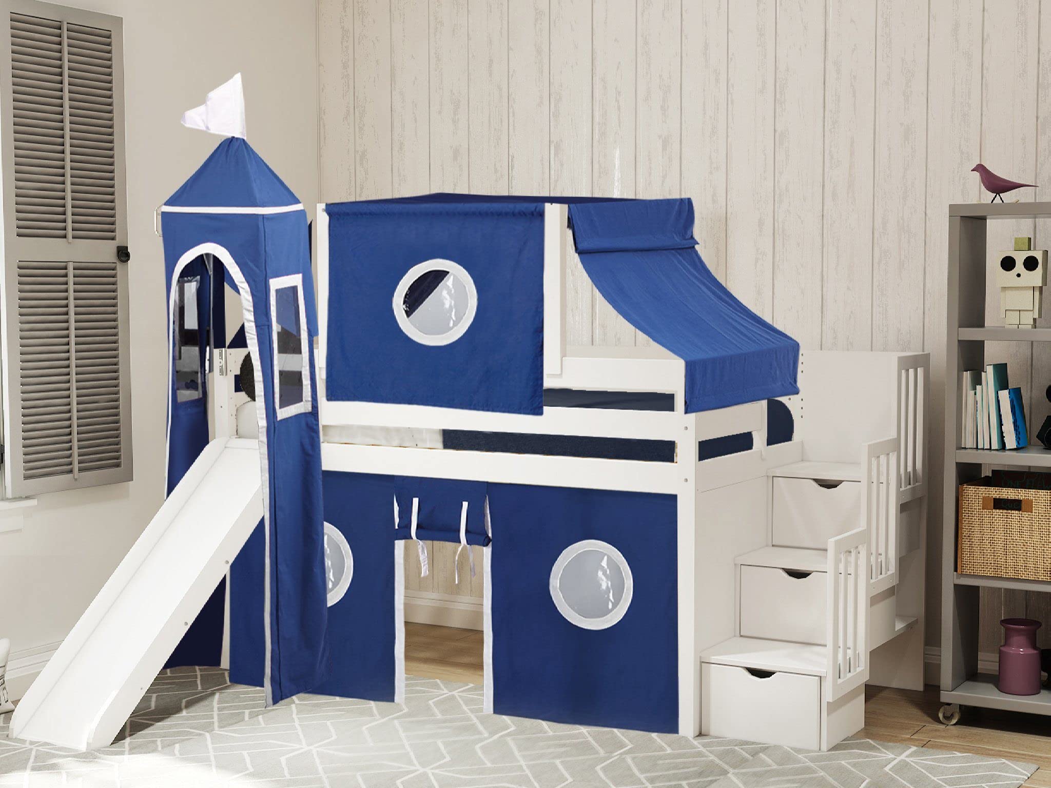 Castle Low Loft Stairway Twin Bed with Slide - Blue & White Play Tent & Tower for Kids - Space Saving Loft Bed for Small Rooms - Perfect for Playrooms & Bedrooms