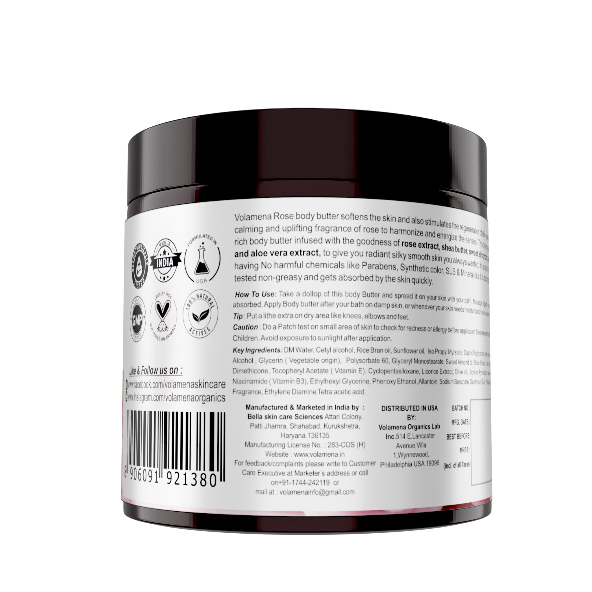 Volamena Rose Body Butter for Dry Skin - Enriched with British Rose, Almond Oil & Vitamin E | Vegan, Cruelty-Free Moisturizer for Women & Men | 100ml | Perfect for Daily Hydration & Sensitive Skin Care